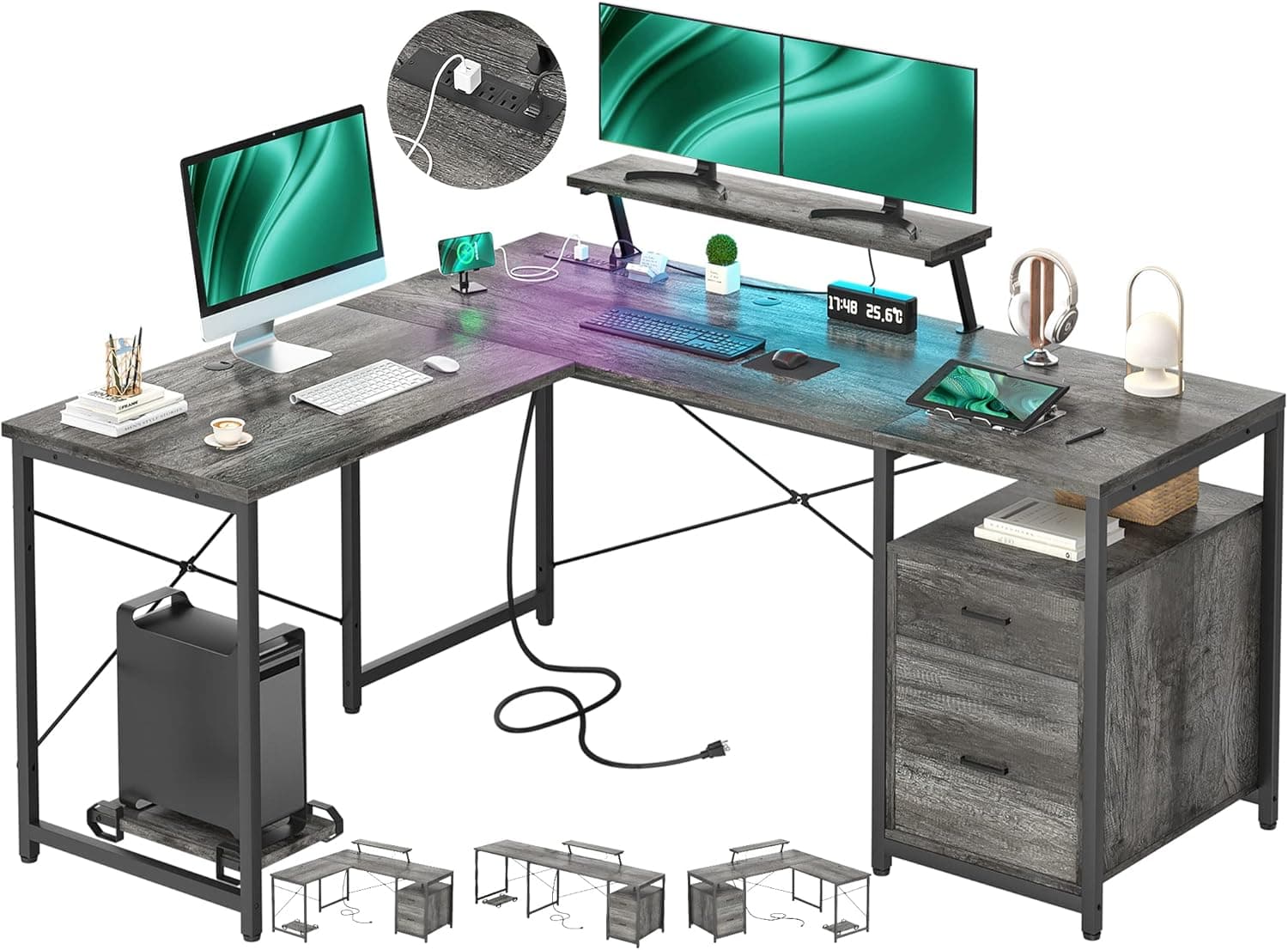 Unikito L-Shaped Desk with Power Outlet and LED Strip, L Shaped Computer Corner Desk with Reversible File Drawer and Monitor Stand, Gaming Table Writing Desk for Home Office Workstation, Black Oak