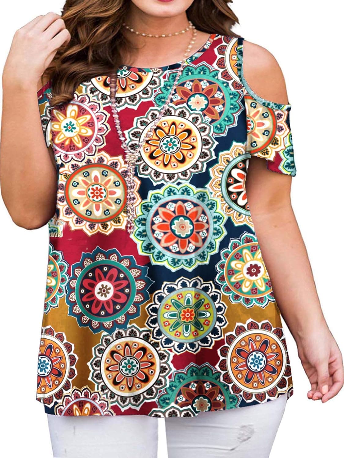 DOLNINE Plus Size Tops for Women Summer Shirts Cold Shoulder Floral Print Tunics