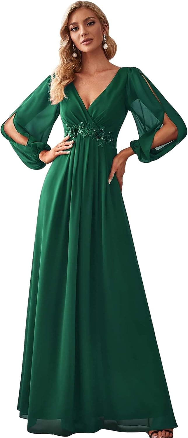 Ever-Pretty Women's Elegant V-Neck Long Sleeve A-line Chiffon Floor Length Mother of The Bride Dress 0461-USA
