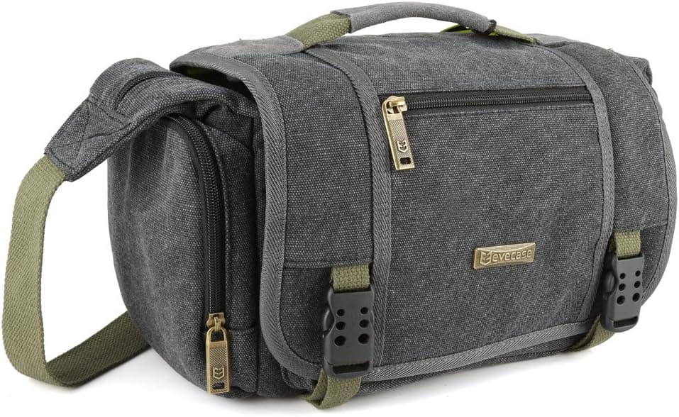 Evecase Large Vintage Canvas Messenger SLR Camera case Bag with Shoulder Strap for Canon Nikon Sony Panasonic FujiFilm Olympus Pentax and More DSLR Camera- Gray