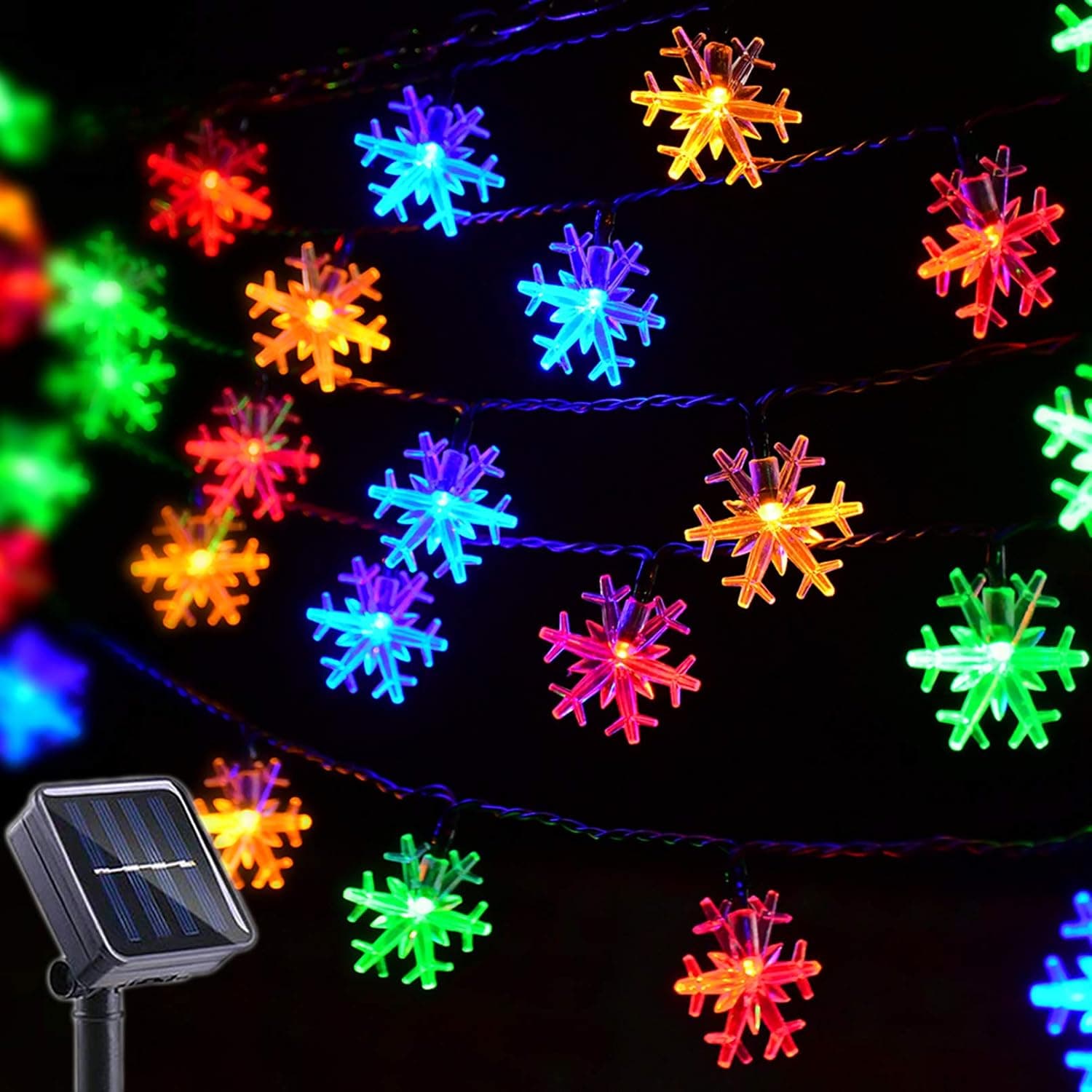 Huacenmy Christmas Lights Outdoor Snowflake Decorations Multicolor Solar String Lights, 50 LED 8 Modes Christmas Fairy Lights for Christmas Tree Roof Window Backyard Porch Party Decor