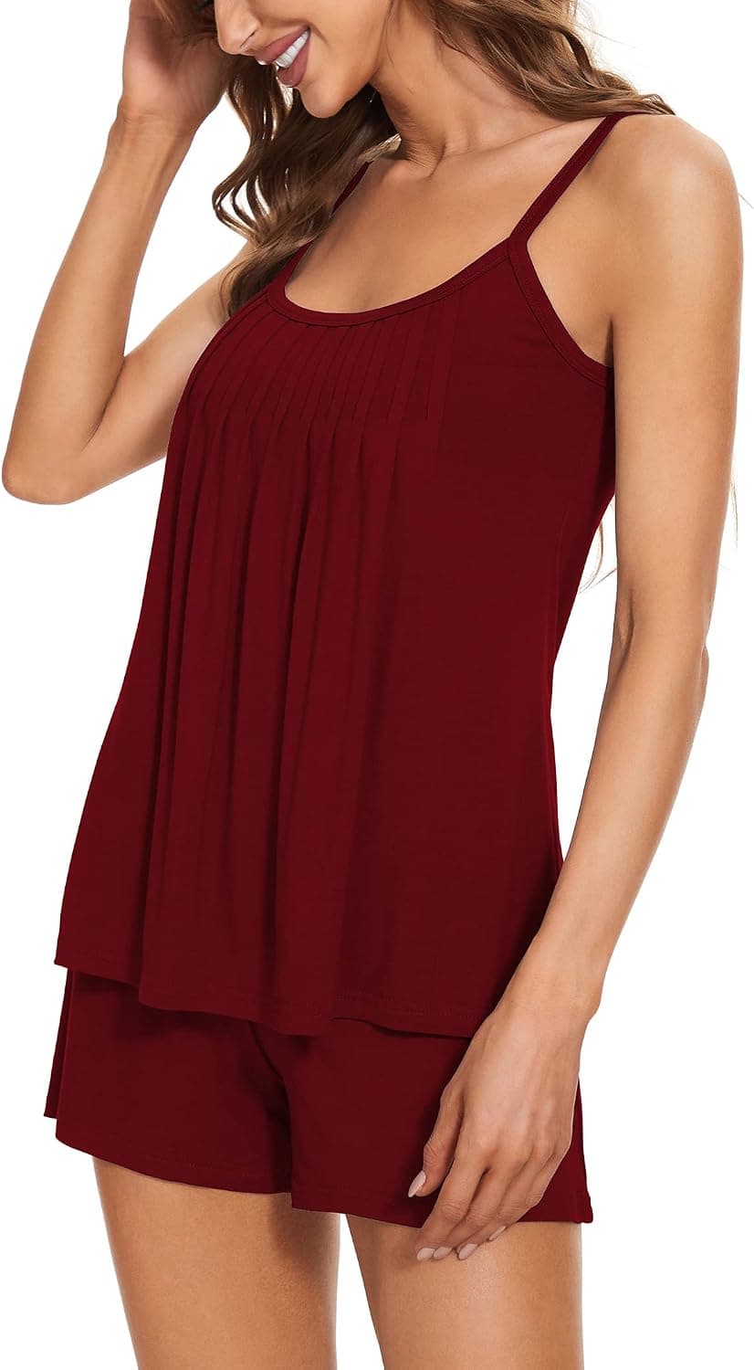 YYA Pajamas Set for Women 2 Piece Sleeveless Pleated Tops&Shorts Sleepwear Pj Lounge Sets S-XXL
