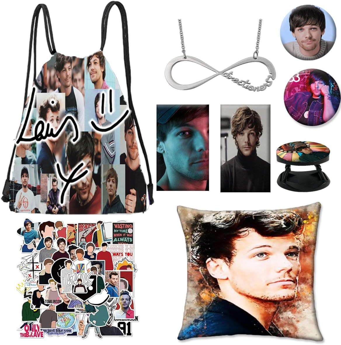 Louis Tomlinson Gift Set Drawstring Bag Louis Tomlinson Stickers Necklace Bracelet Button Pin Gifts for Children Teens Adults Fans (A)