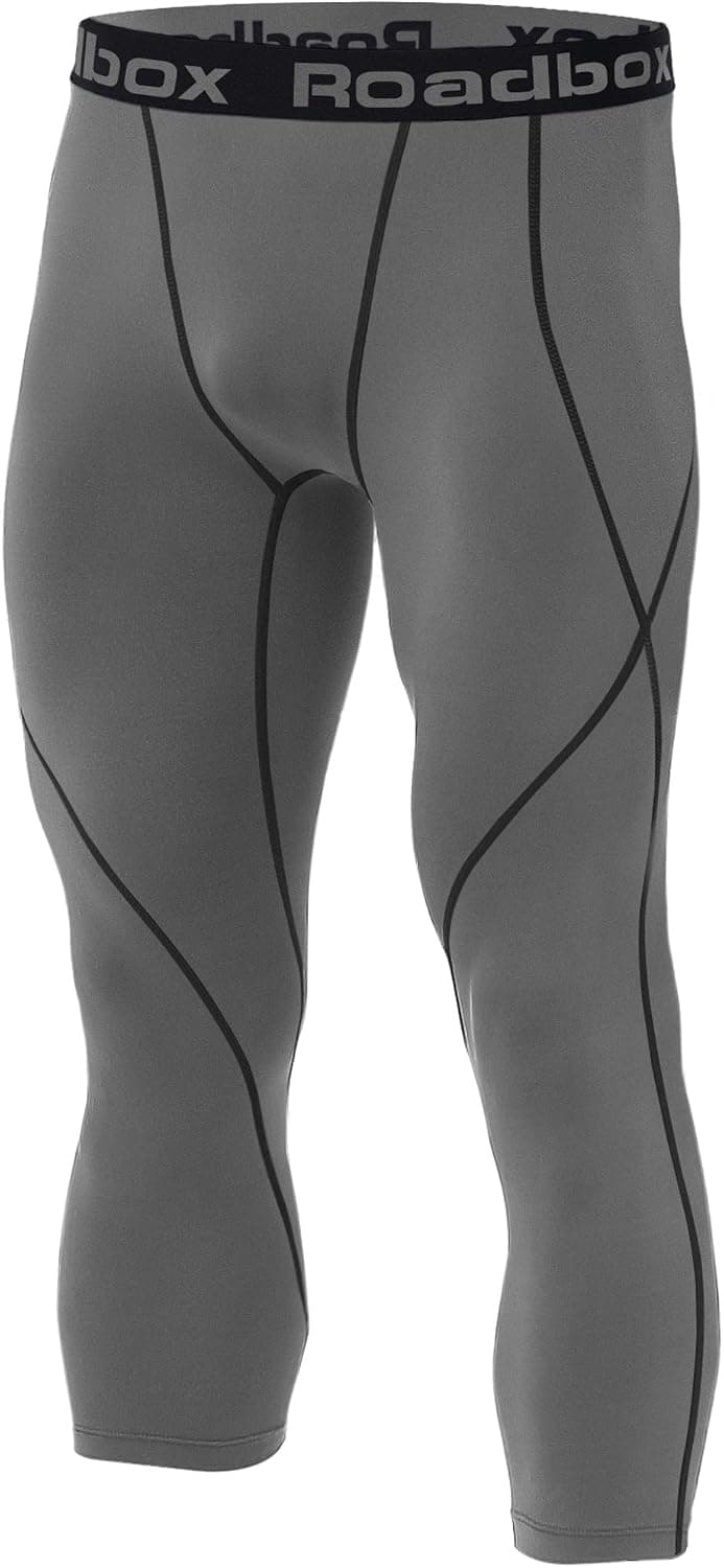 Roadbox Men's Compression Pants 3/4 Capri Shorts Baselayer Cool Dry Sports Tights Leggings Grey