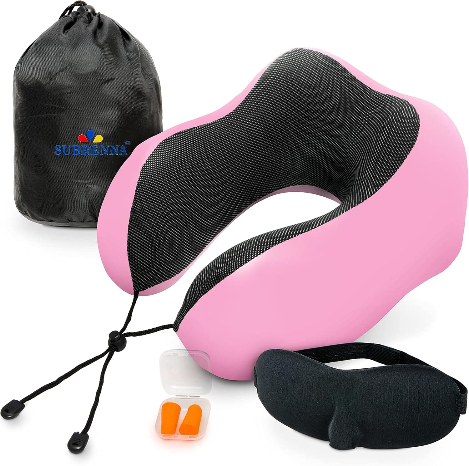 Subrenna Pink 100% Memory Foam Travel Pillow, Airplane Pillow with Eye Mask and Ear Plugs for Sleeping - Supports Neck & Head in Airplane, Bus, Train and Car