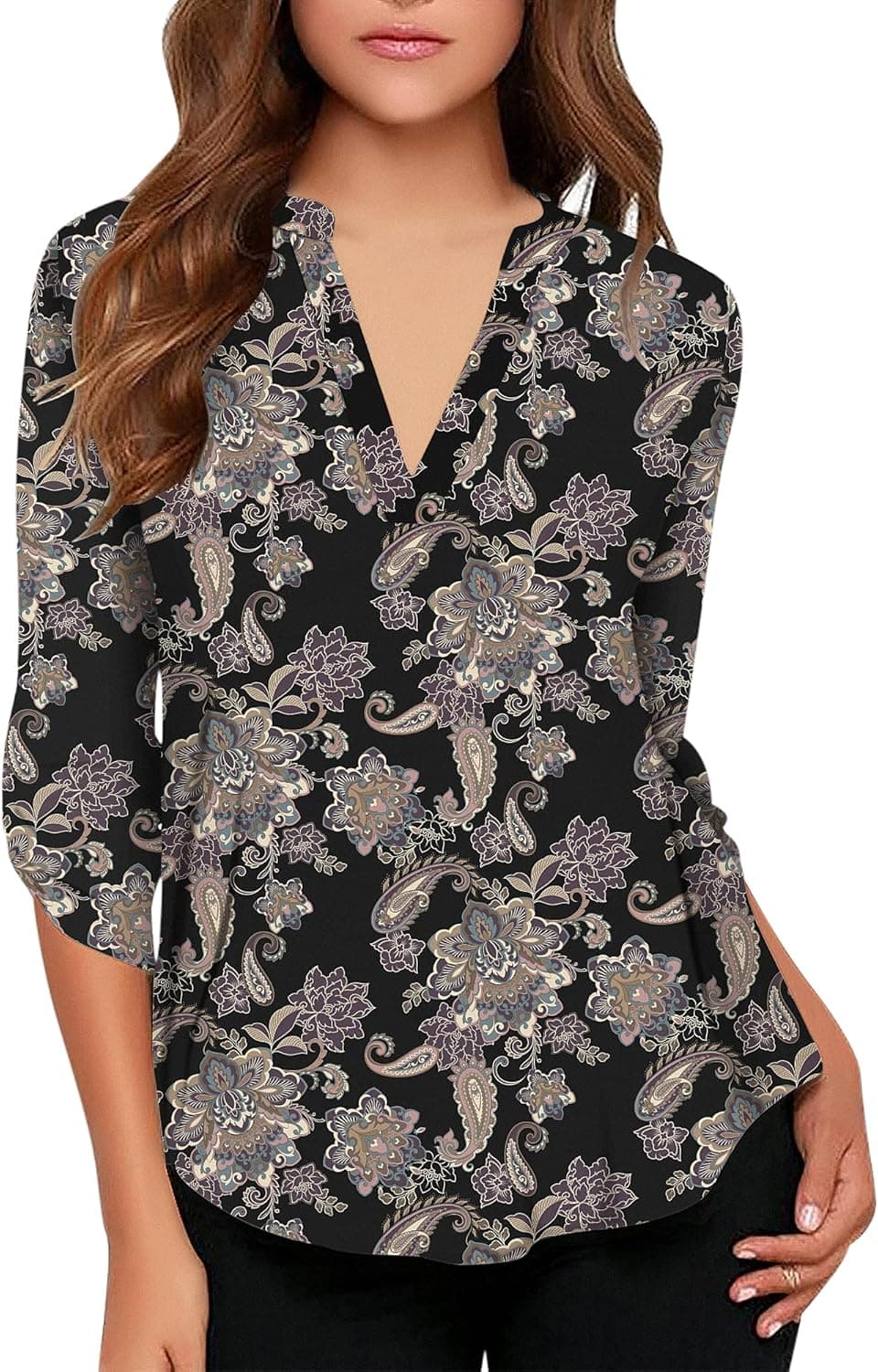 roswear Women's V Neck Long Sleeve Loose Fit Shirt Dressy Casual Blouses