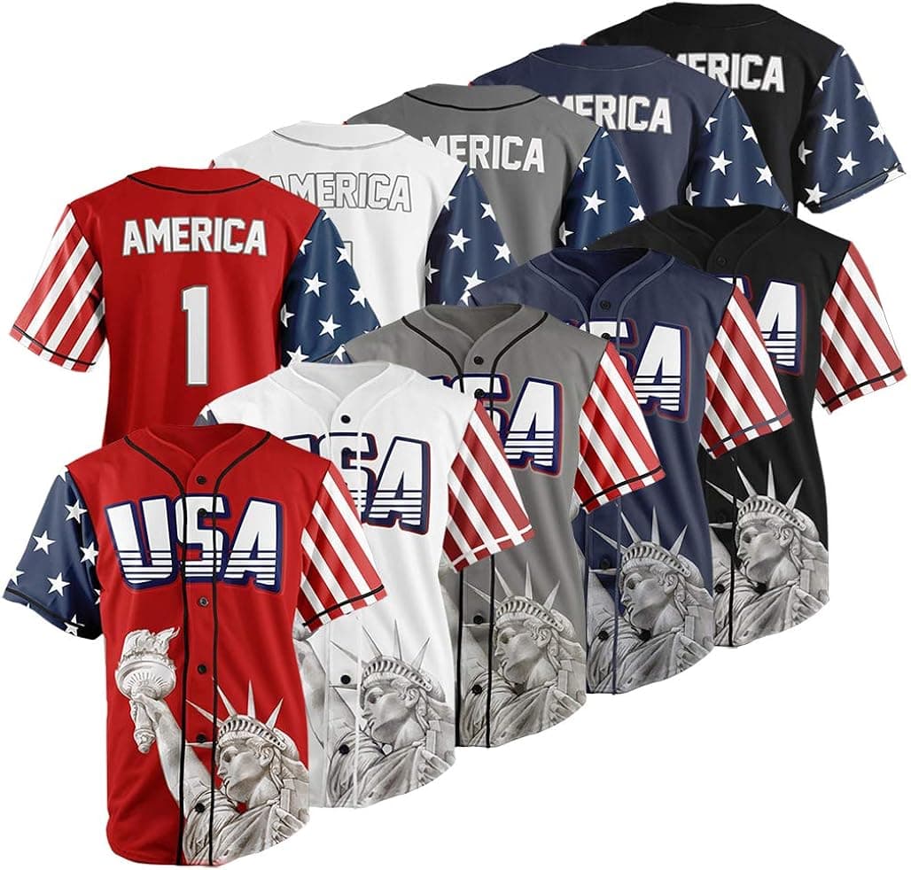 USA Custom Baseball Jersey Shirt - Button Down Multi Colors Jerseys Top America #1 for Men with Free Bandana