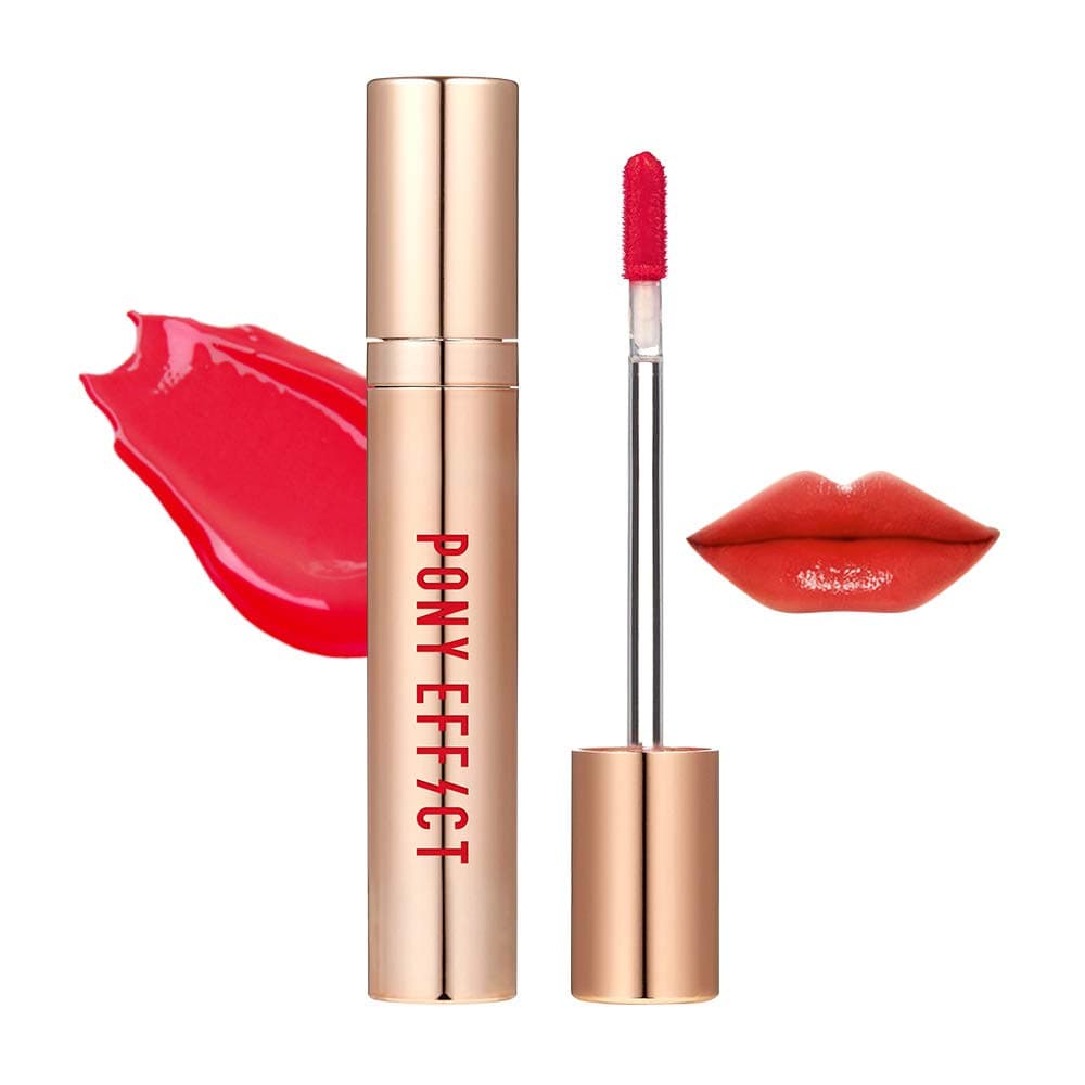 PONY EFFECT Favorite Fluid Lip Color Gloss #Go Pitapat 4.6g, 0.16 Ounces, Silky Texture, Moisture Liquid Lip Gloss, Glossy Natural Rose Color, High Glossy, Cherry Pinkish Red
