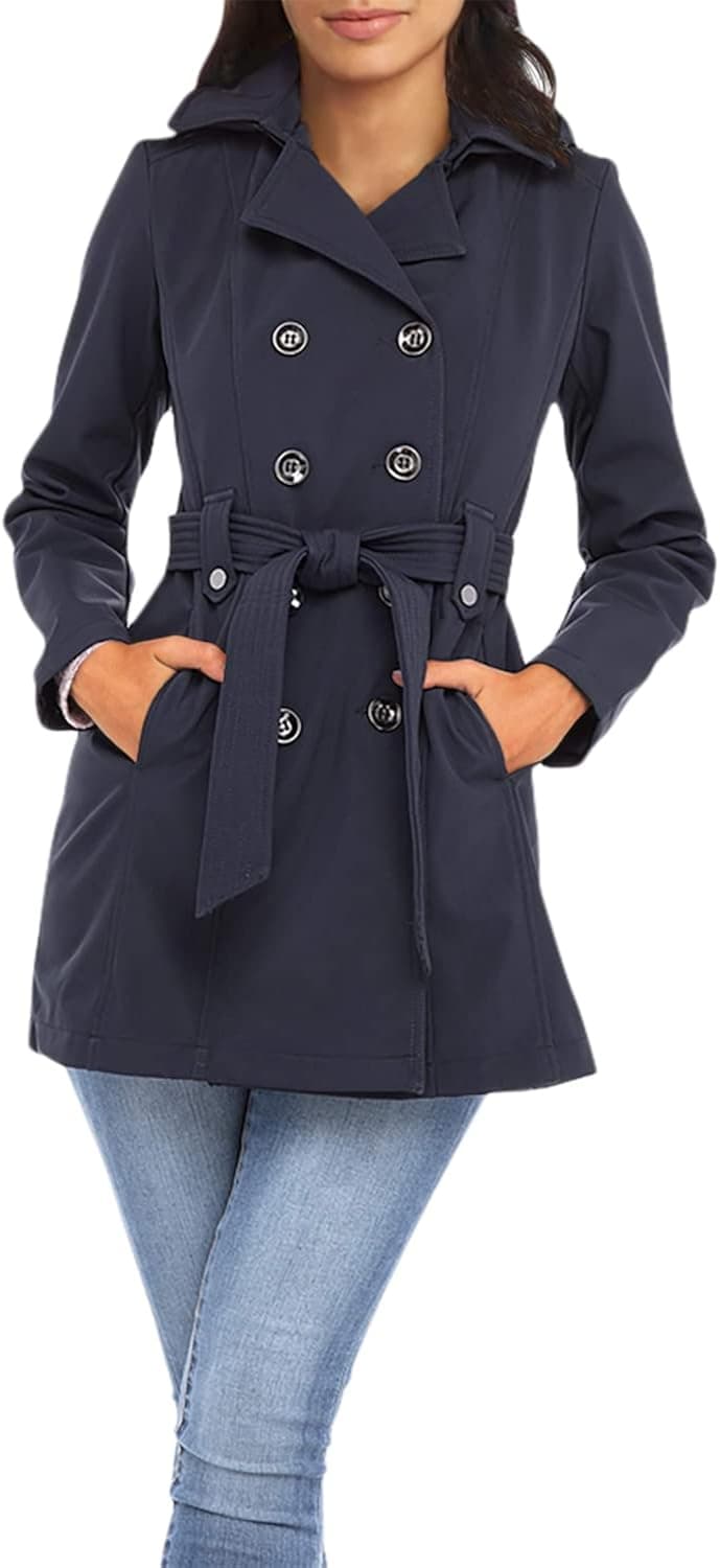 Sebby Collection Women's Soft Shell Trench Coat with Detchable Hood
