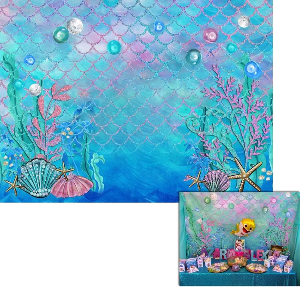 7x5ft Mermaid Background Baby Shower Birthday Photography Backdrop Under Water Coral Shell Scales Blue Photo Booth W-597