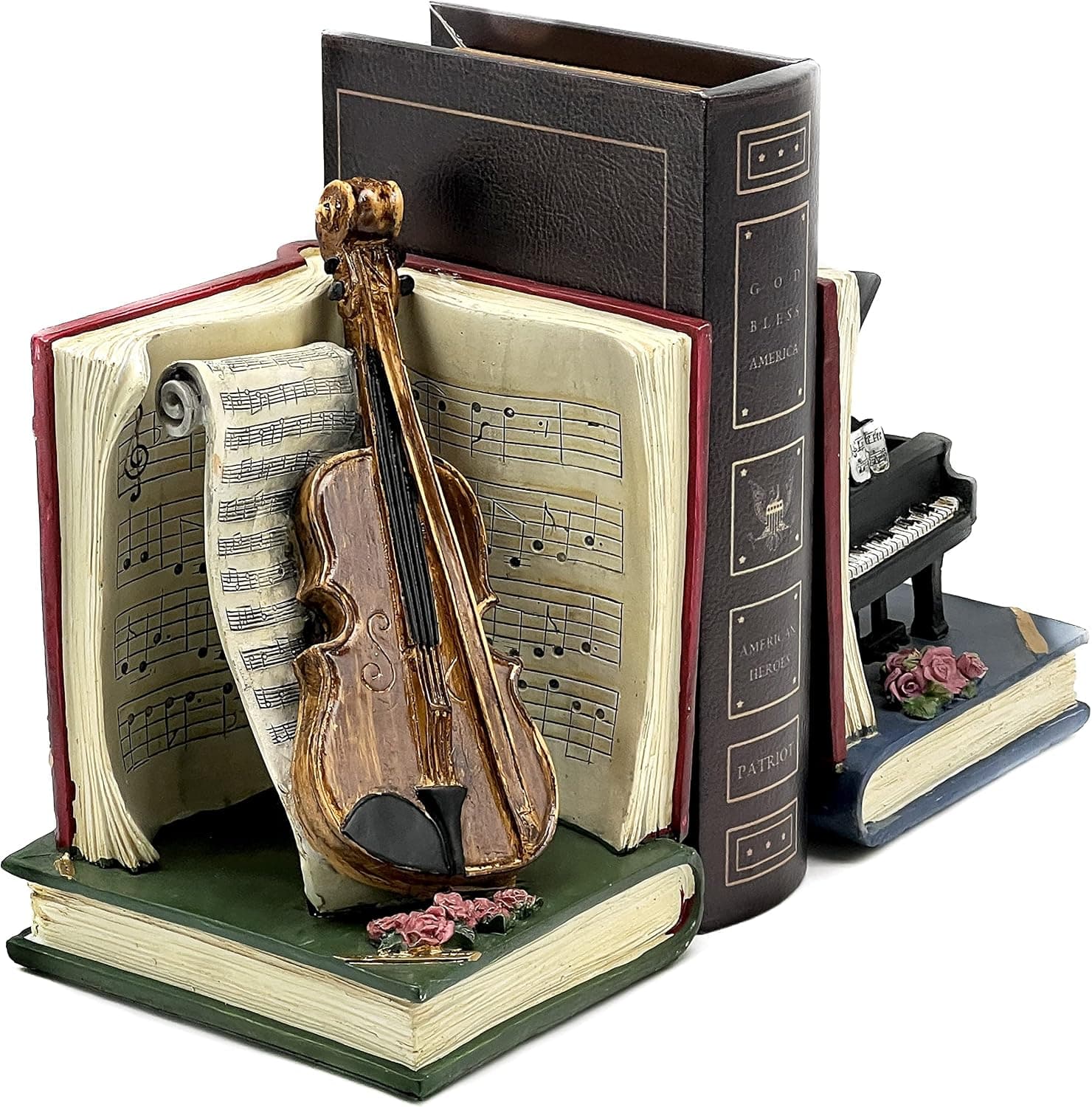Bellaa 20430 Decorative Bookend Music Lover Acoustic Violin Musical Notes Piano Luxury Bookshelf Decor Tabletop Shelves Nonskid Book Stoppers Vintage Antiques