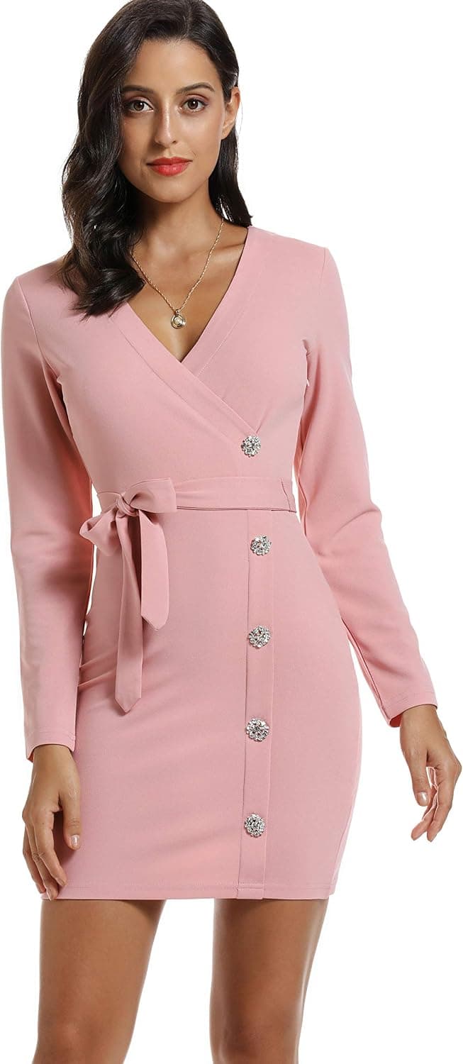 Maijoy Womens Long Sleeve V Neck Button Tie Waist Wrap Bondycon Dress