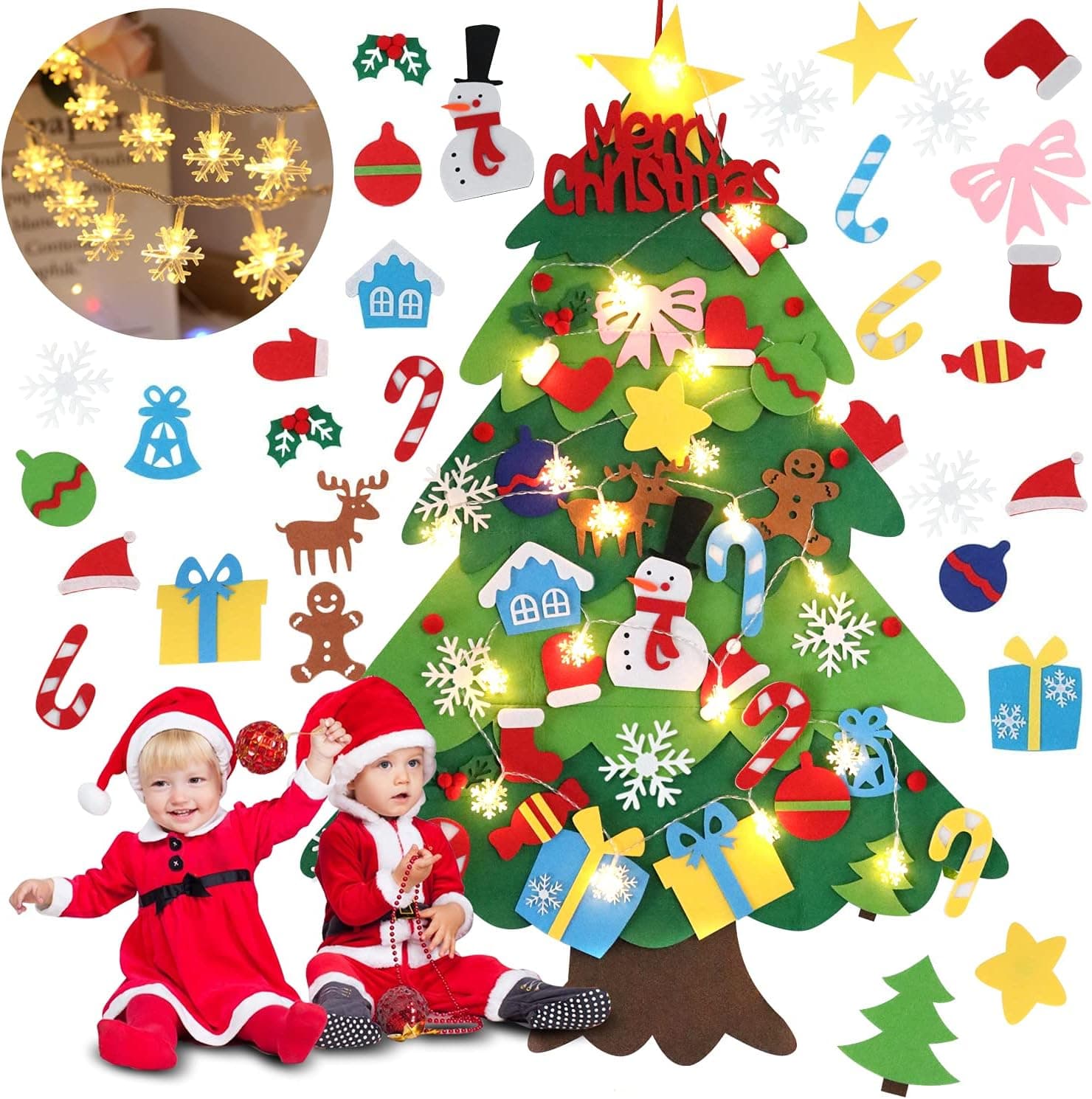 EMPOF Felt Christmas Tree for Kids Wall, Felt Christmas Tree for Toddlers with Snowflake Lights + 32 Ornaments, DIY Felt Tree Set Xmas Christmas Decorations, Kids Toddler Christmas Gifts