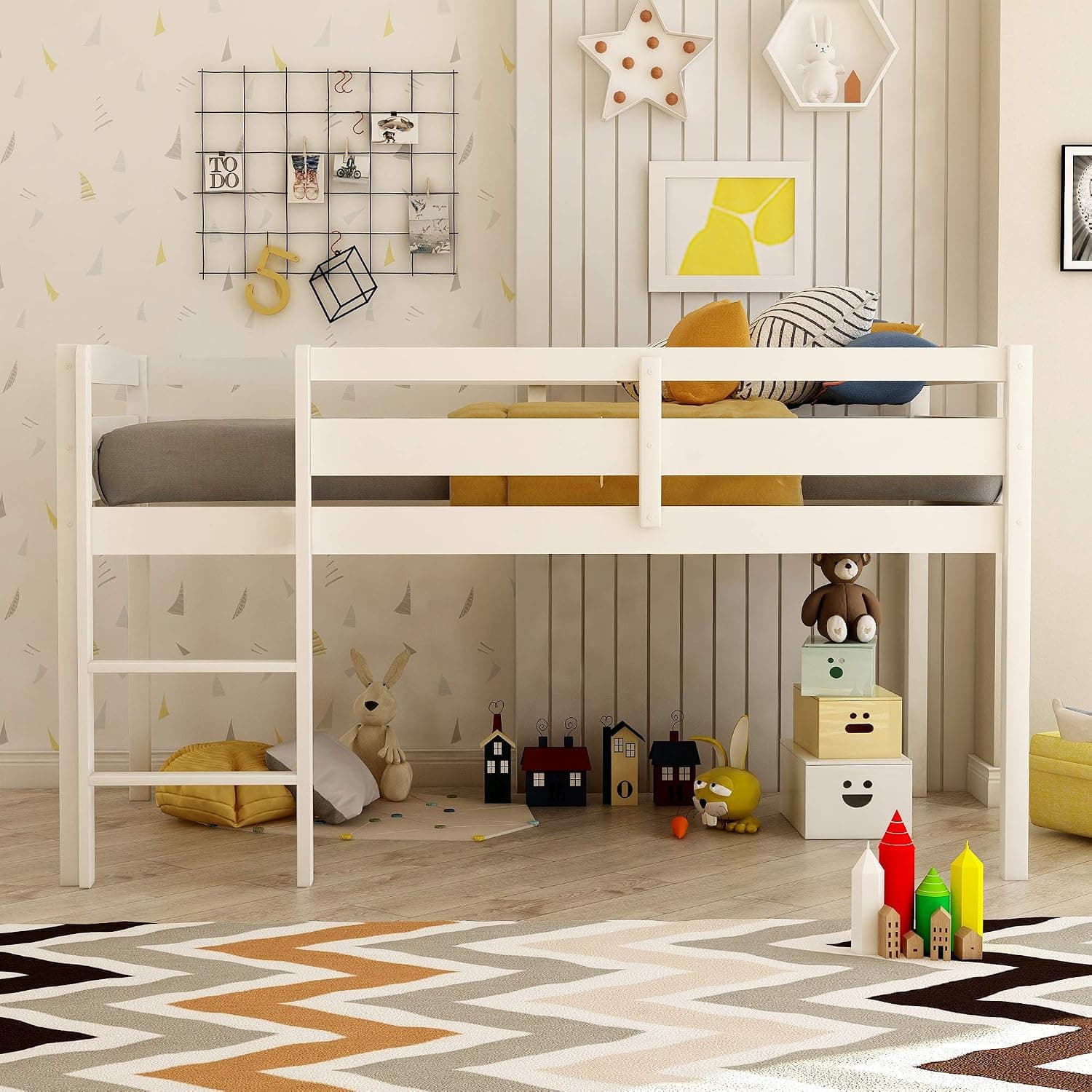 Harper & Bright Designs Twin Loft Bed for Kids and Toddlers Low Loft Bed Frame with Ladders and Guard Rails, No Box Spring Needed,Twin Size, White