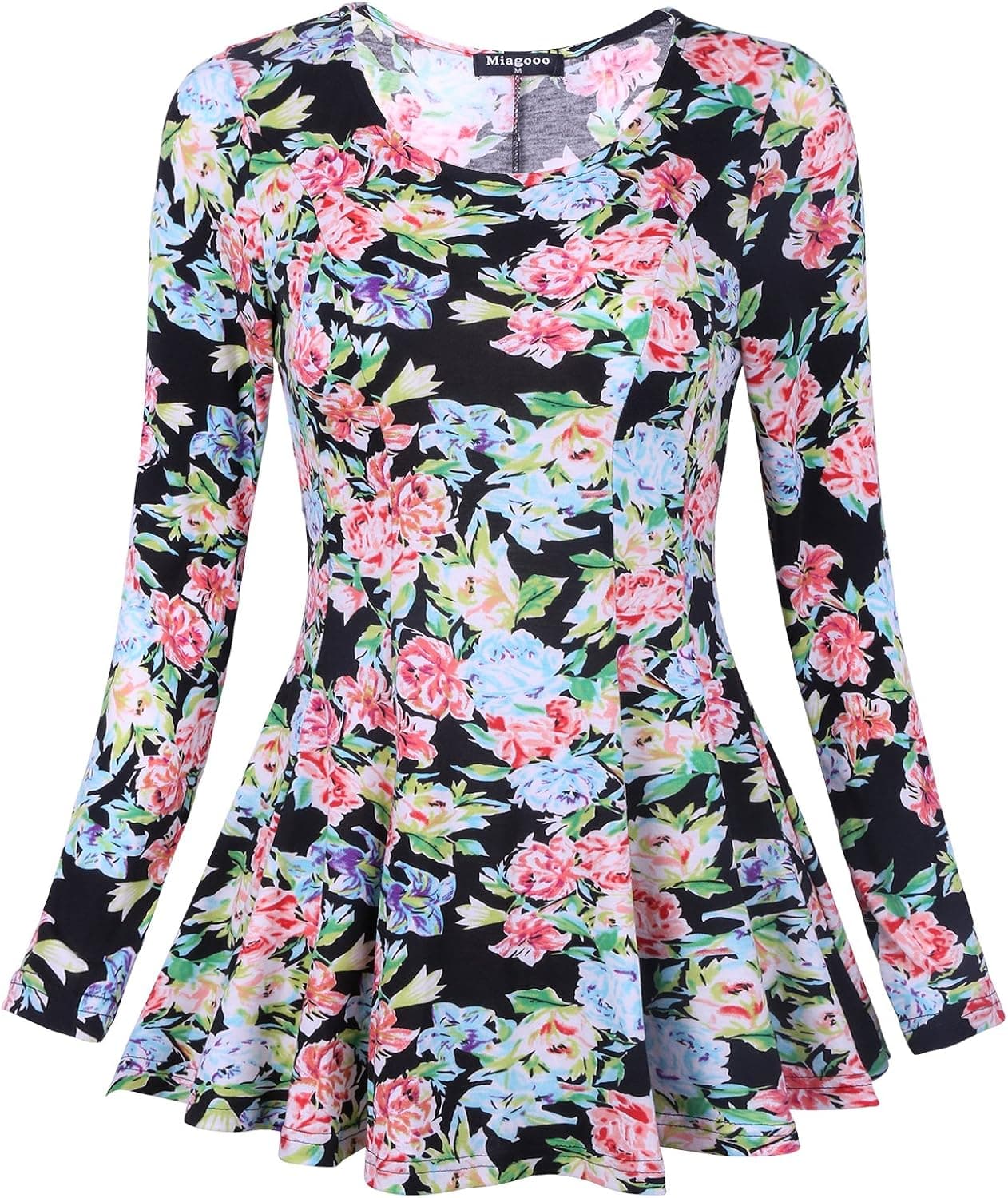 Miagooo Women Elegant Floral Print Long Sleeve Scoop Neck Flare Trapeze Tunic Peplum Tops