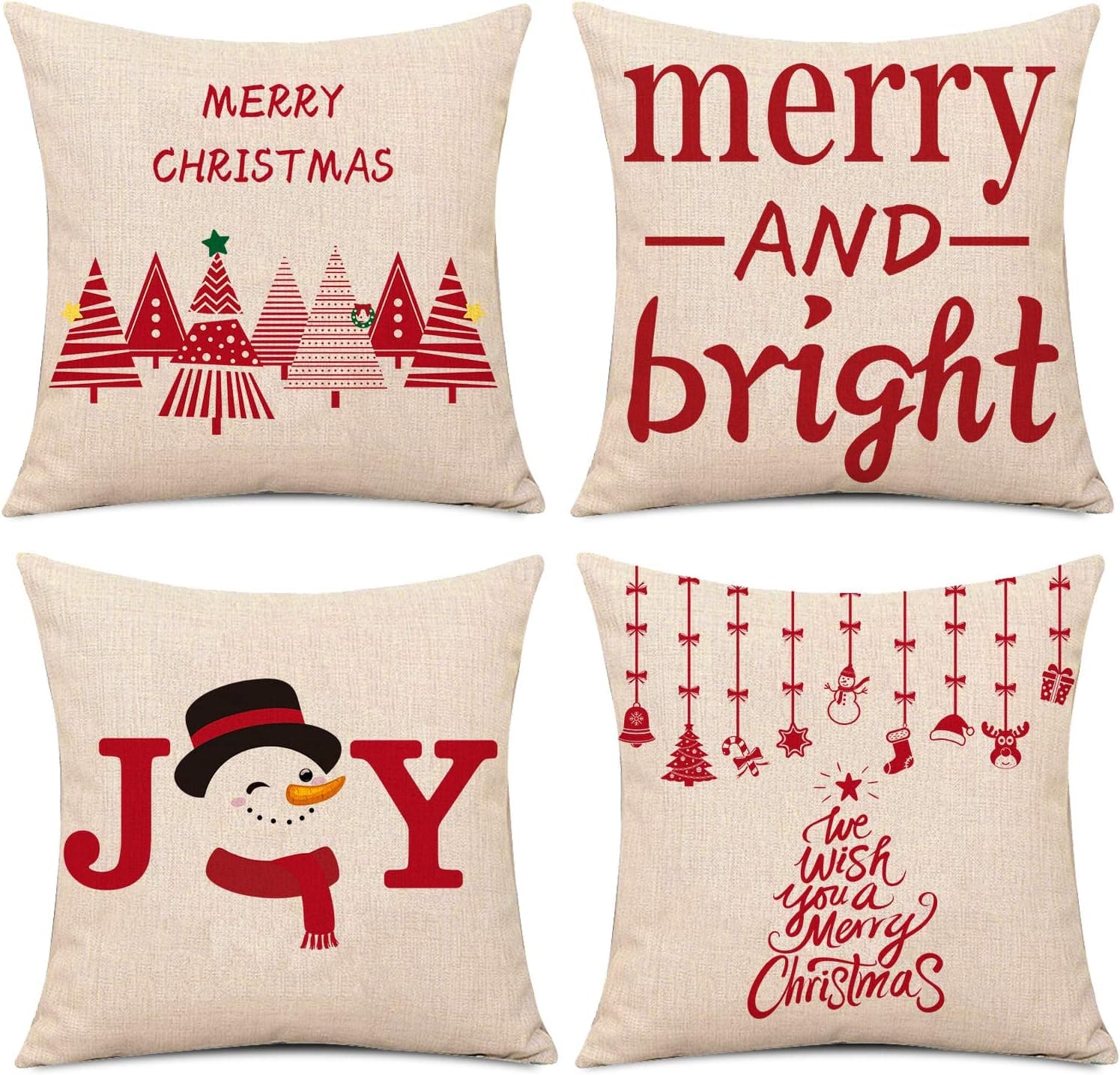 Whaline 4 Pieces Red Patterns Christmas Pillow Case Christmas Tree Snowman Xmas Pendants Cushion Cover, Cotton Linen Sofa Bed Throw Cushion Cover Decoration (18" x 18")