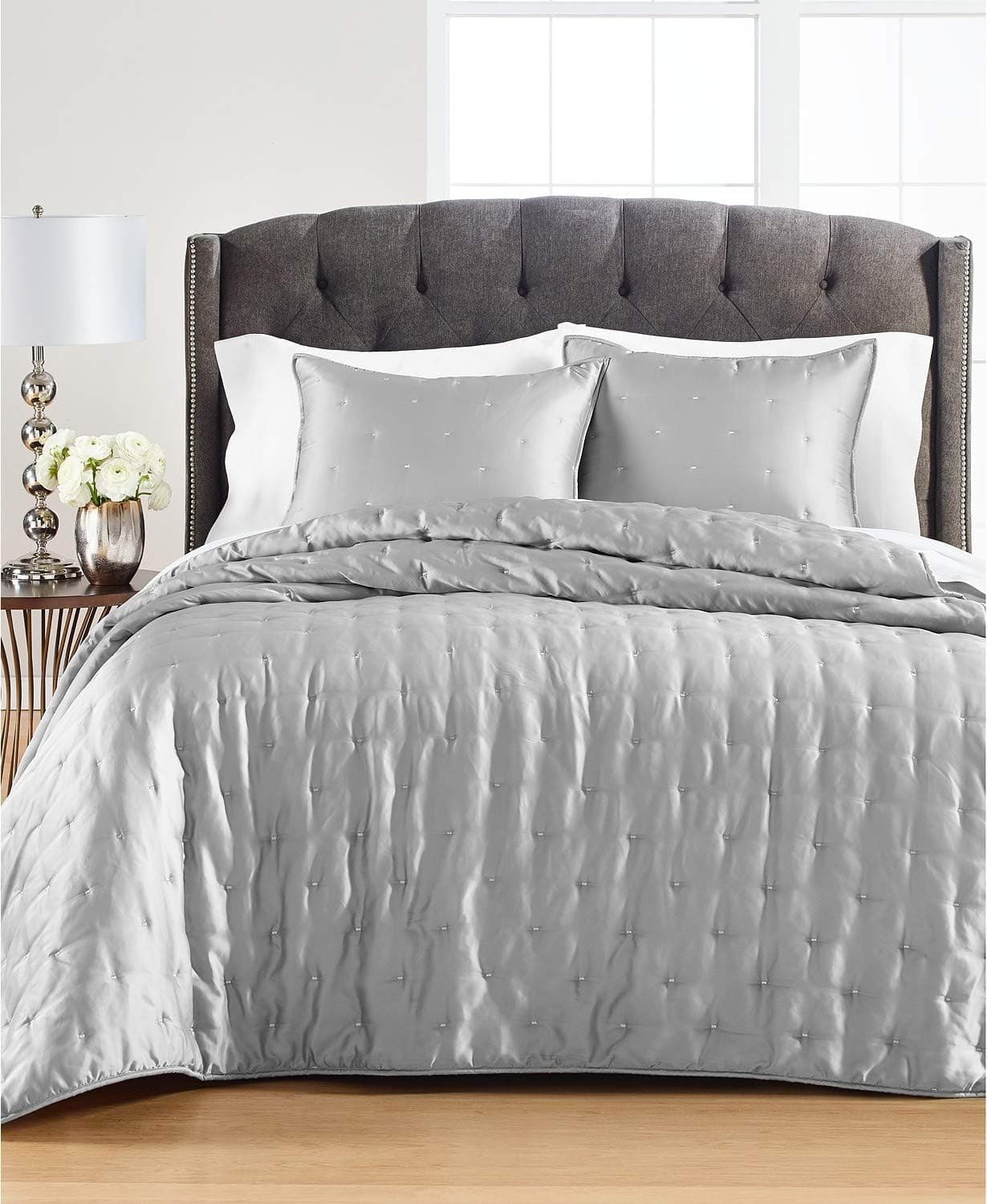 Martha Stewart Collection Tufted Satin Full/Queen Quilt Grey Silver