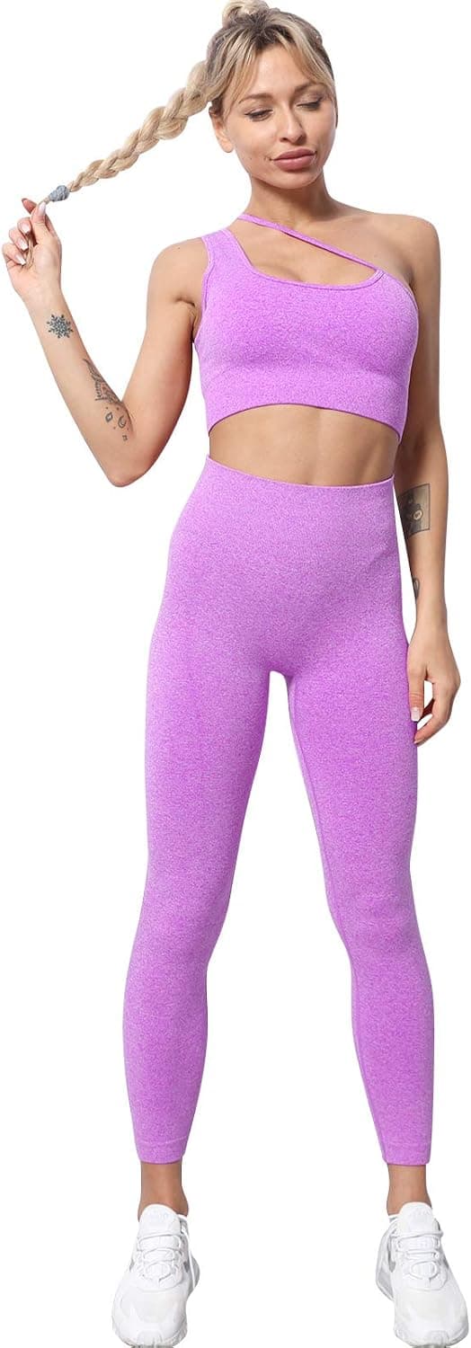 Women Seamless Workout Sets 2 Piece High Waist Leggings One Shoulder Sport Bra Crop Top Yoga Outfits Activewear
