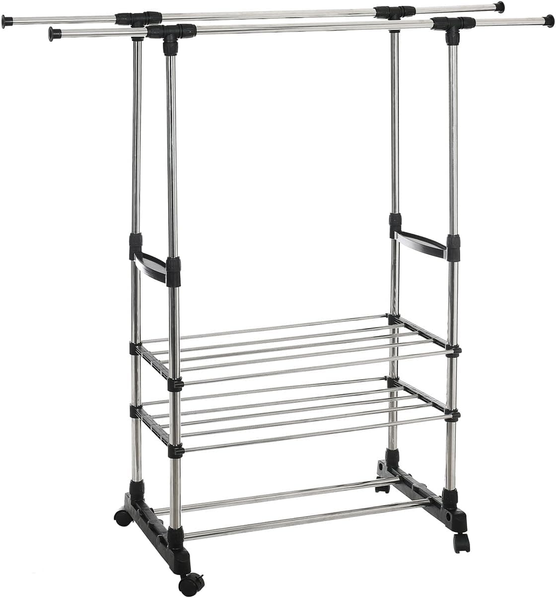 HollyHOME Adjustable Garment Rack, Rolling Double-Rail Clothes Hanging Rack with Shoe Rack and 2 Storage Shelves