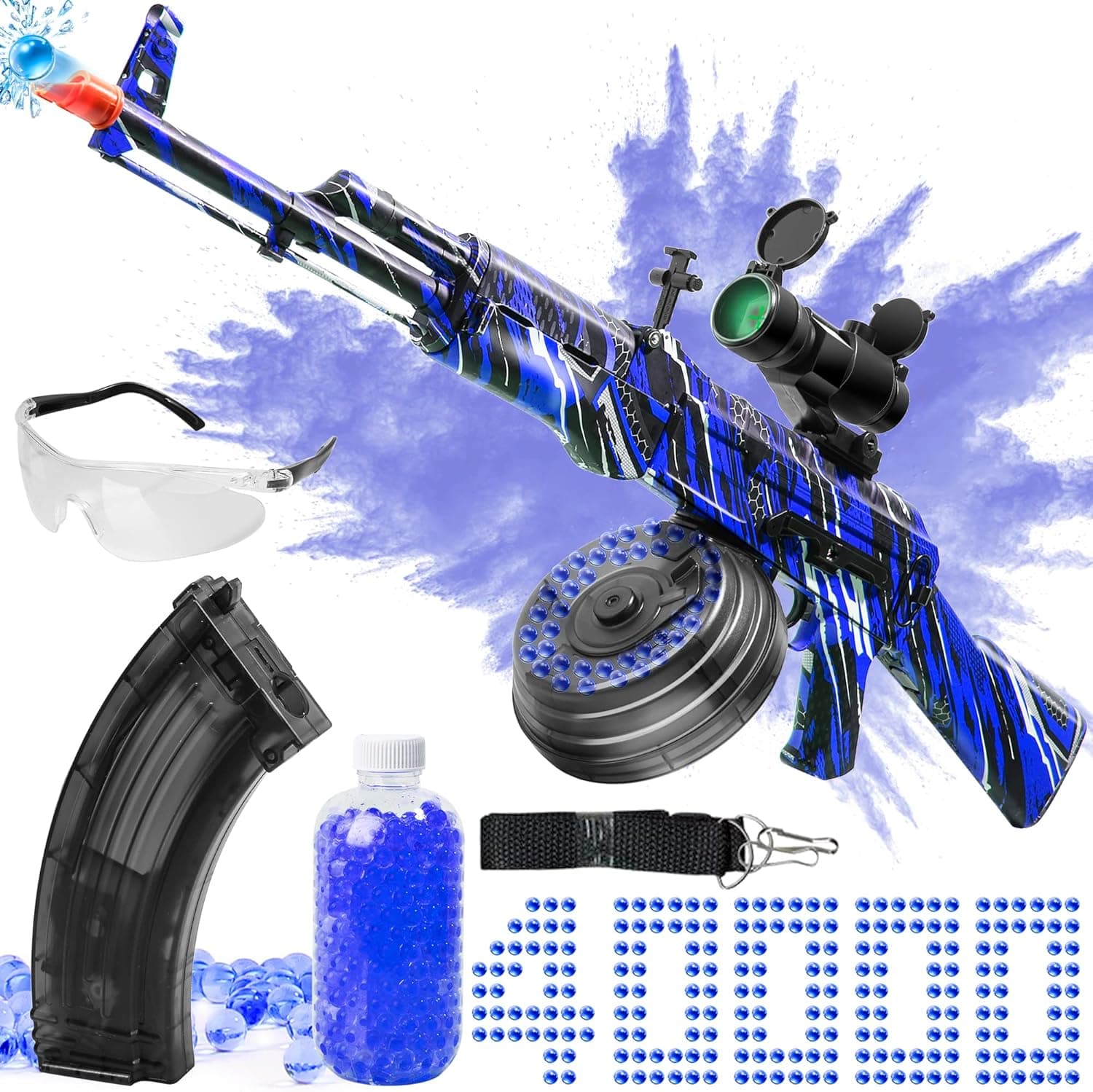 Large AKM-47 Gel Ball Blaster with Drum - Manual & Automatic Dual Mode Splatter Ball Blaster with 40000 Water Beads, 200FPS, 100FT, Suitable for Adults, Age 12+, BlueWave
