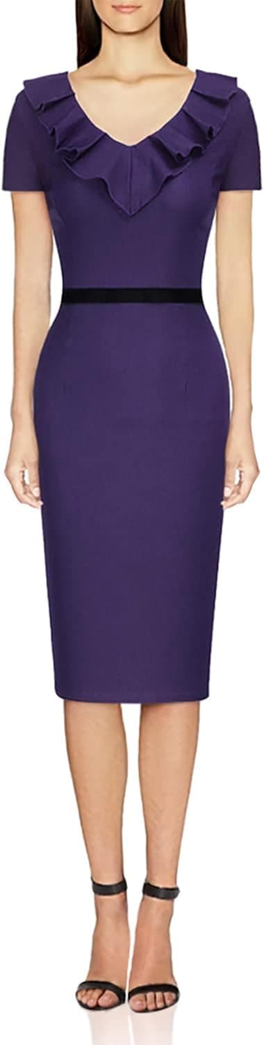 REPHYLLIS Women's Ruffles Short Sleeve Business Cocktail Pencil Dress Purple