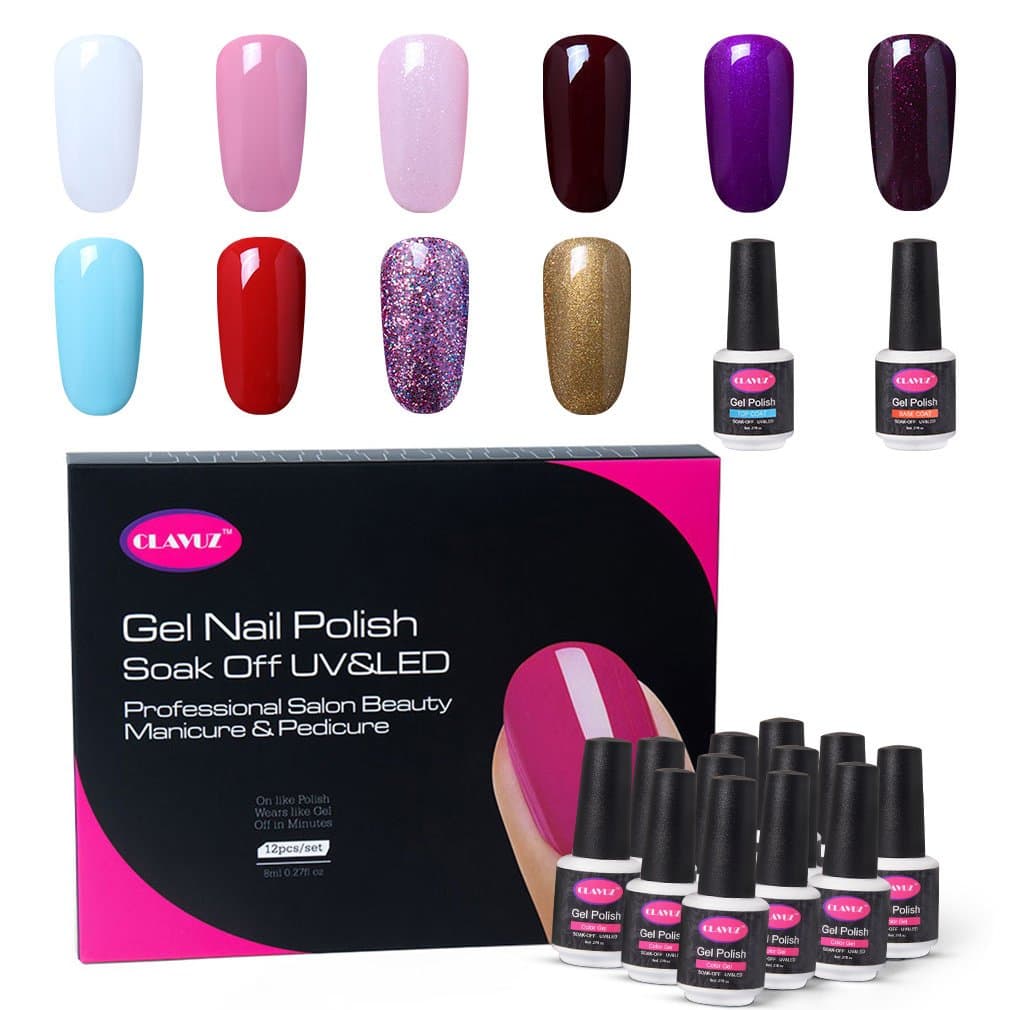 CLAVUZ Gel Nail Polish Set 12PCS Soak Off UV Gel Nail Lacquer with Top and Base Coat Nail Art New Starter Kit 8ML