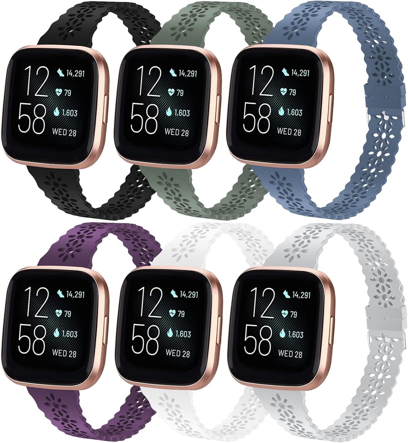 Wewatri 6 Pack Lace Bands Compatible with Fitbit Versa/Fitbit Versa 2/Fitbit Versa Lite Band for Women, Soft Silicone Sport Strap Replacement Wristbands for Fitbit Versa Smart Watch (5.6" -7.1" Wrist)