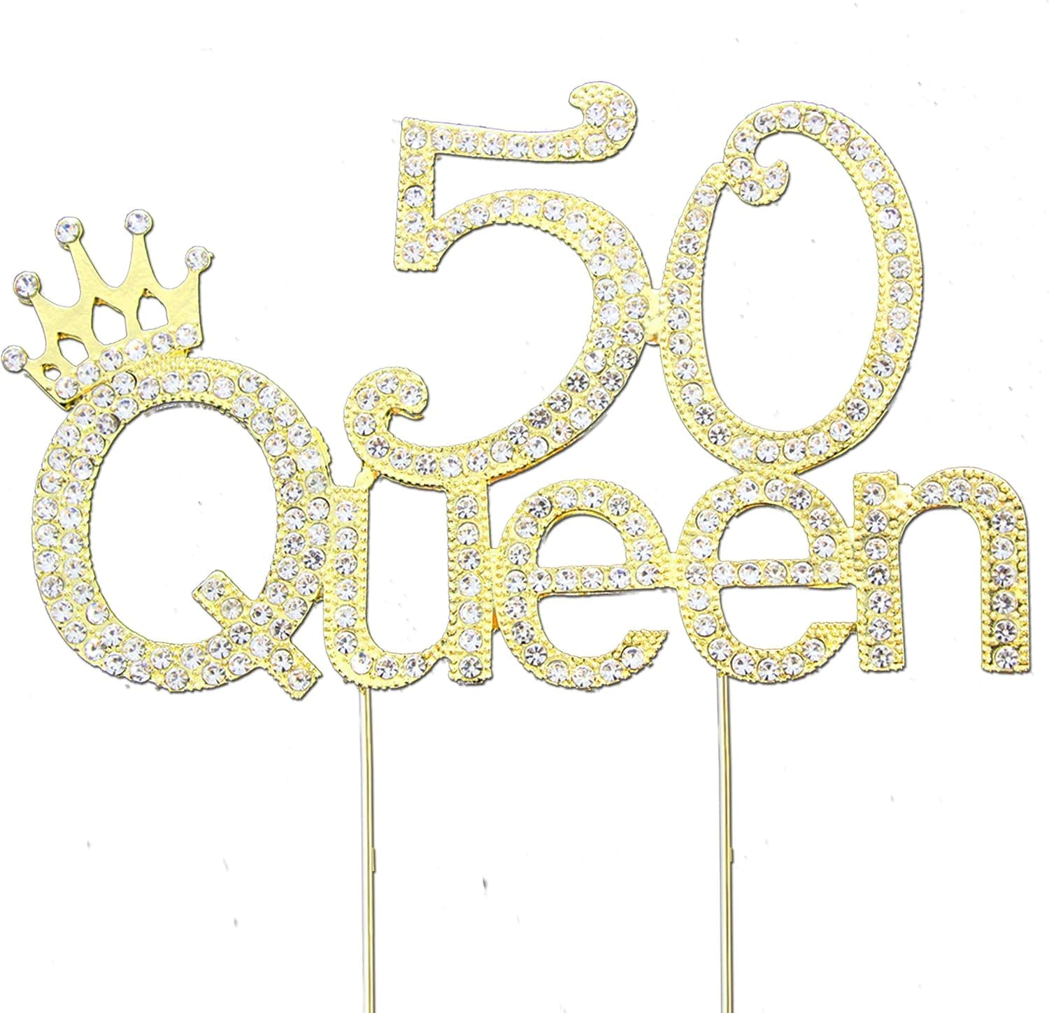 Glitter Crystal Gold Queen 50 Cake Topper | Happy 50th Birthday Rhinestone Diamond Bling Sparkle Gem Monogram Number Party Favor Decoration Idea Perfect Keepsake. (Queen 50 Gold)