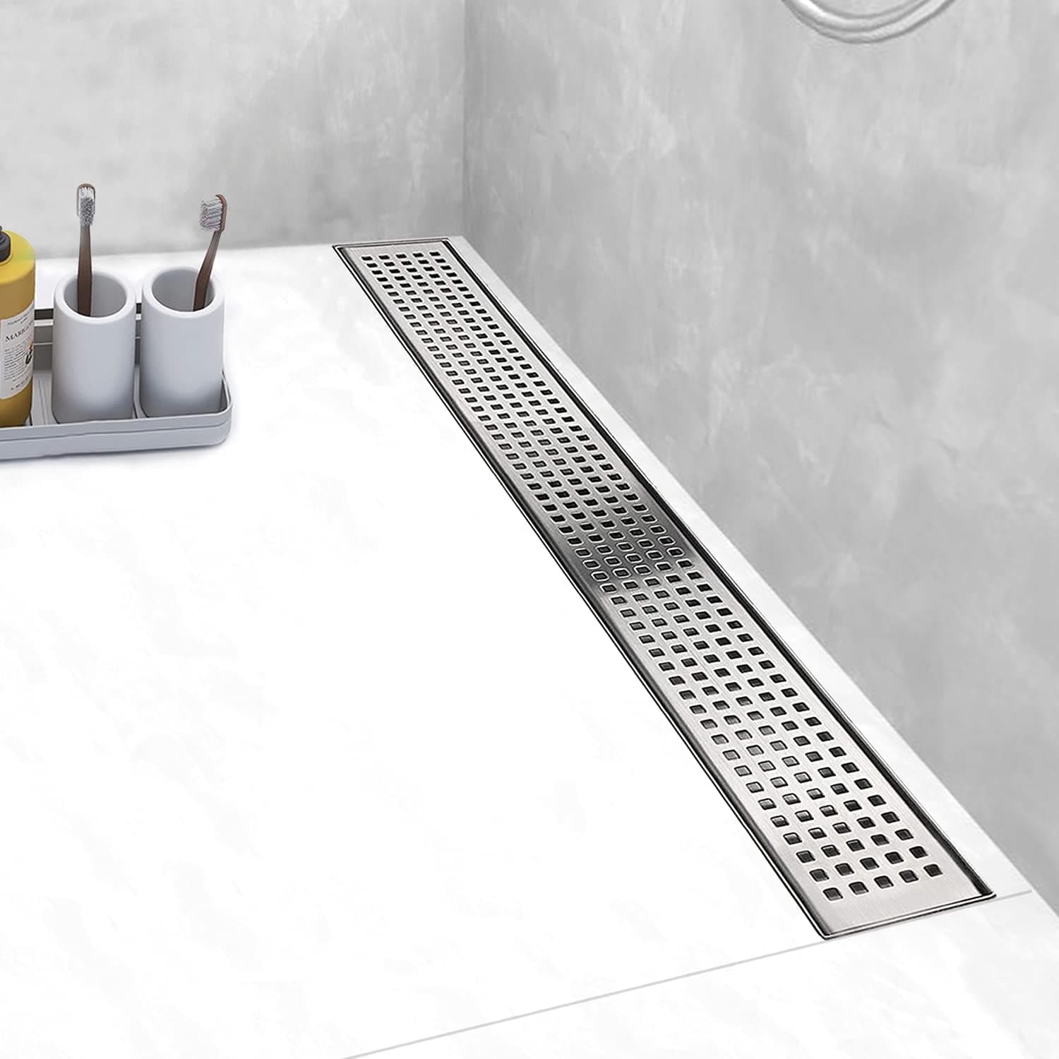 Elefloom Linear Shower Drain, Shower Drain 28 inch with Removable Grid Panel, Professional AISI 304 Stainless Steel Shower Drain, Linear Drain with Hair Strainer and Leveling Feet
