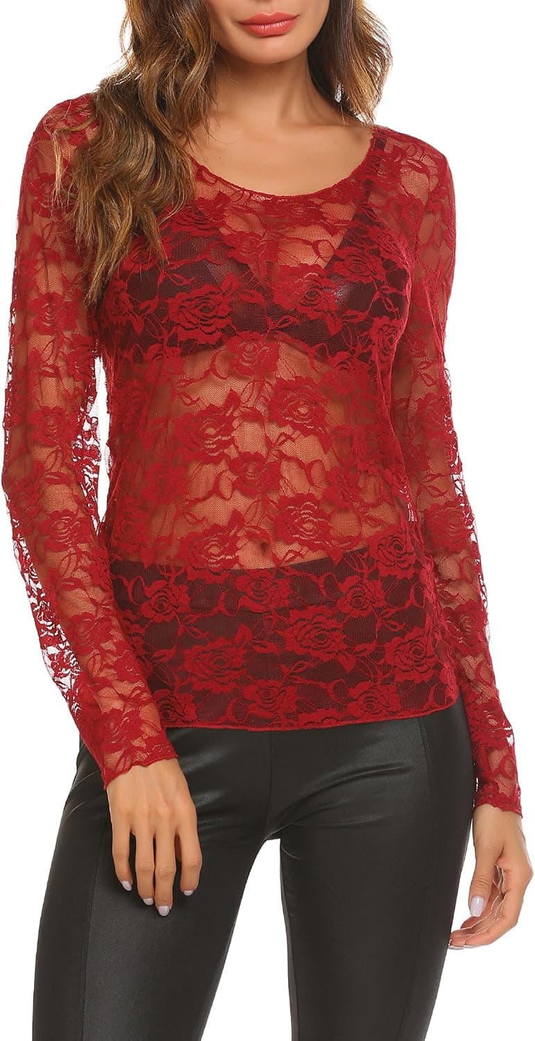 Women Sexy Mesh Sheer See Through Long Sleeve Tops Tee Blouse Red, L