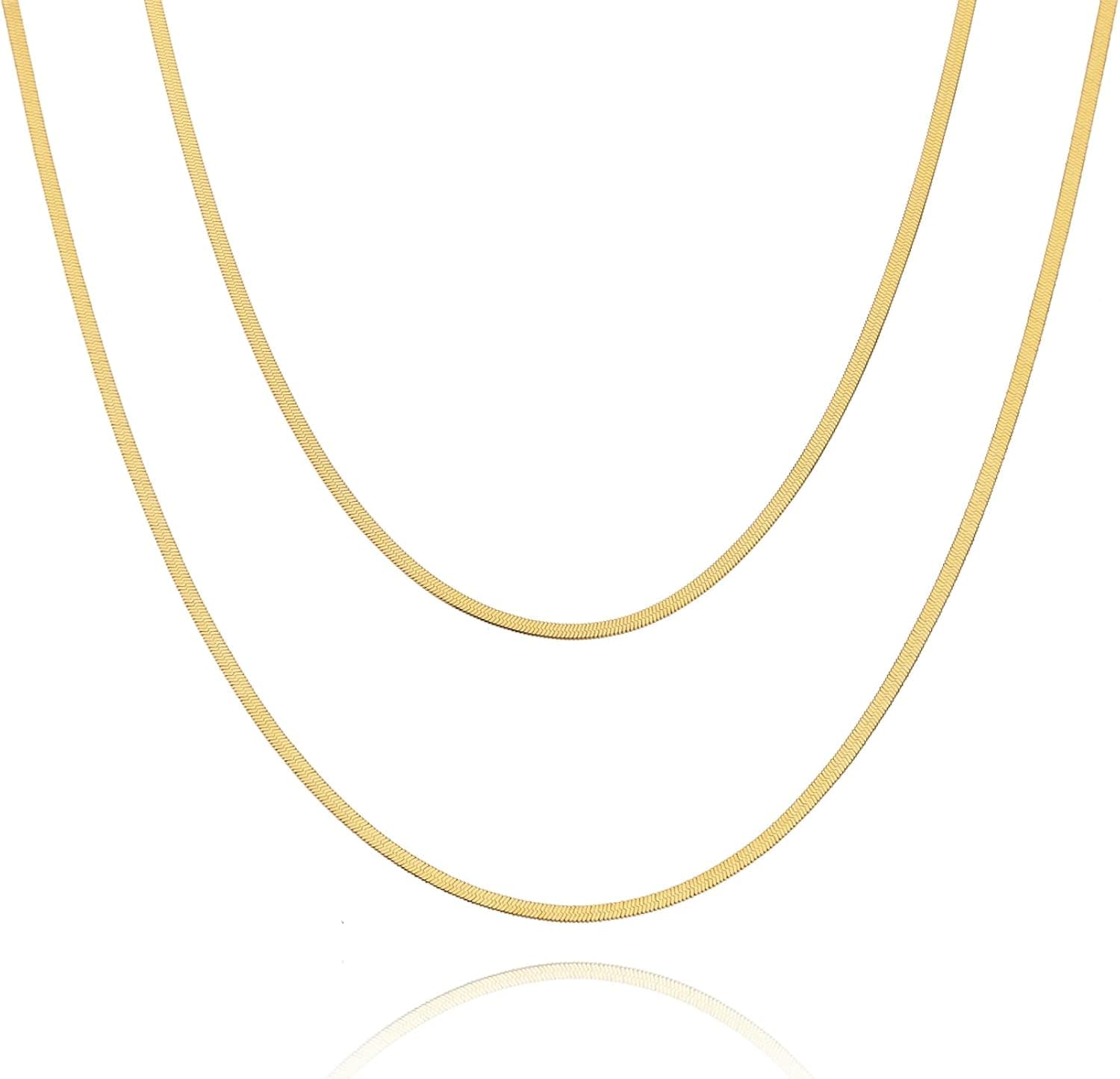 Herringbone Necklace for Women, Gold Snake Chain Necklace, Double Layered Choker Necklaces for Women Girls, 18K Gold plated, 2-7MM(Width), 2Pcs(18”& 21”)