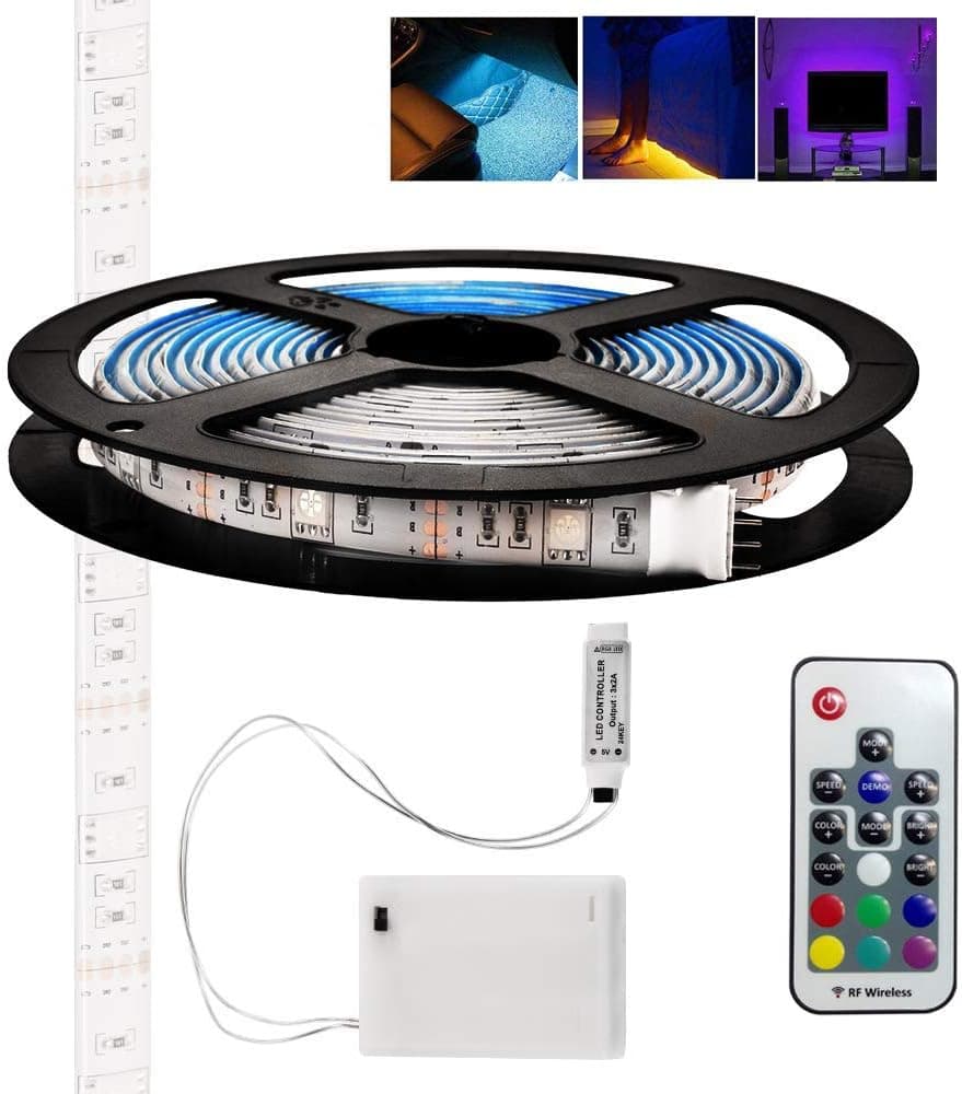 Battery Powered LED Strip Lights,2m/6.56ft Flexible RGB Led Lights Strip with Battery Power Supply Box and Remote Controller