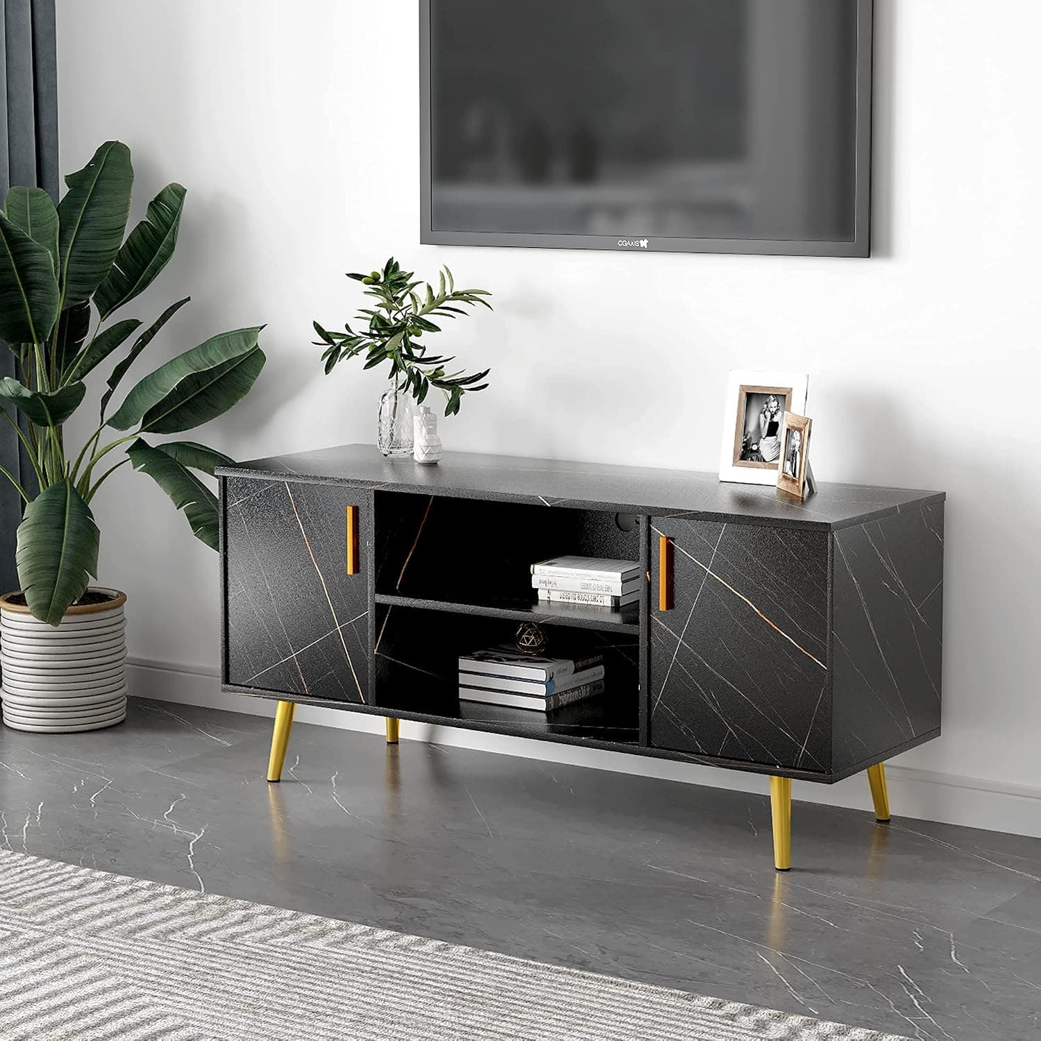 LVSOMT Modern Marble TV Stand for Living Room, Media Console Entertainment Center, Television Console Table with Storage Shelves & Doors for TV up to 50 Inches (Black)