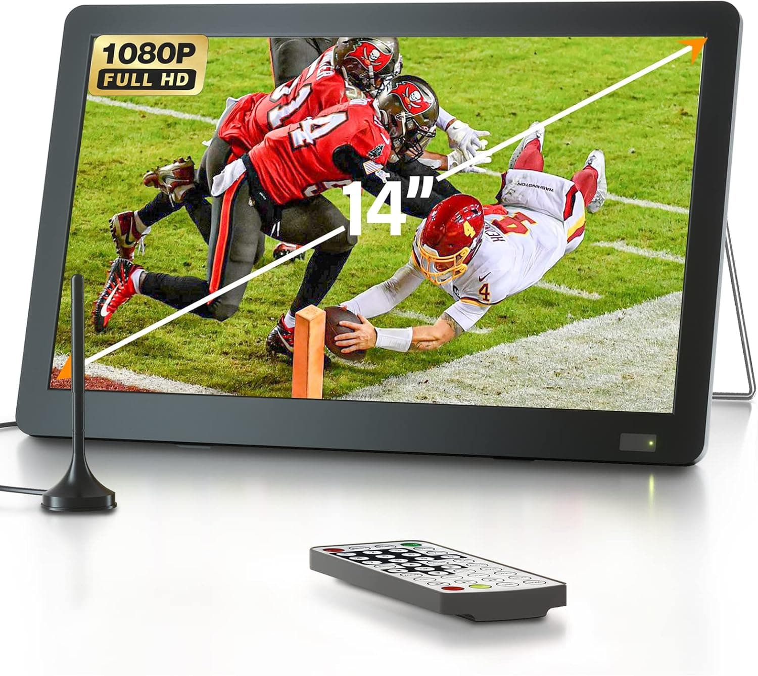 14 inch Portable TV with Antenna, DESOBRY Portable Small TV with ATSC Tuner, Rechargeable Battery Operated Mini TV LCD Monitor 1080P,Built-in TV Stand,HDMI Input,USB,AV In,Supports Camping,Kitchen,Car