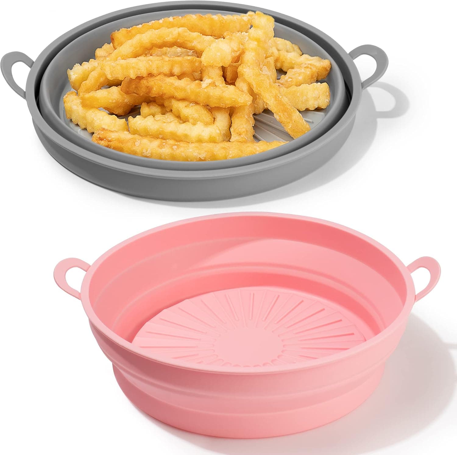 Homotte 2 Pack Air Fryer Silicone Liners Pot for 5 to 8 QT, Reusable AirFryer Silicone Basket Bowl, Replacement of Flammable Parchment Paper, Food Grade Baking Tray Oven Accessories, Pink+Grey (8.5in)