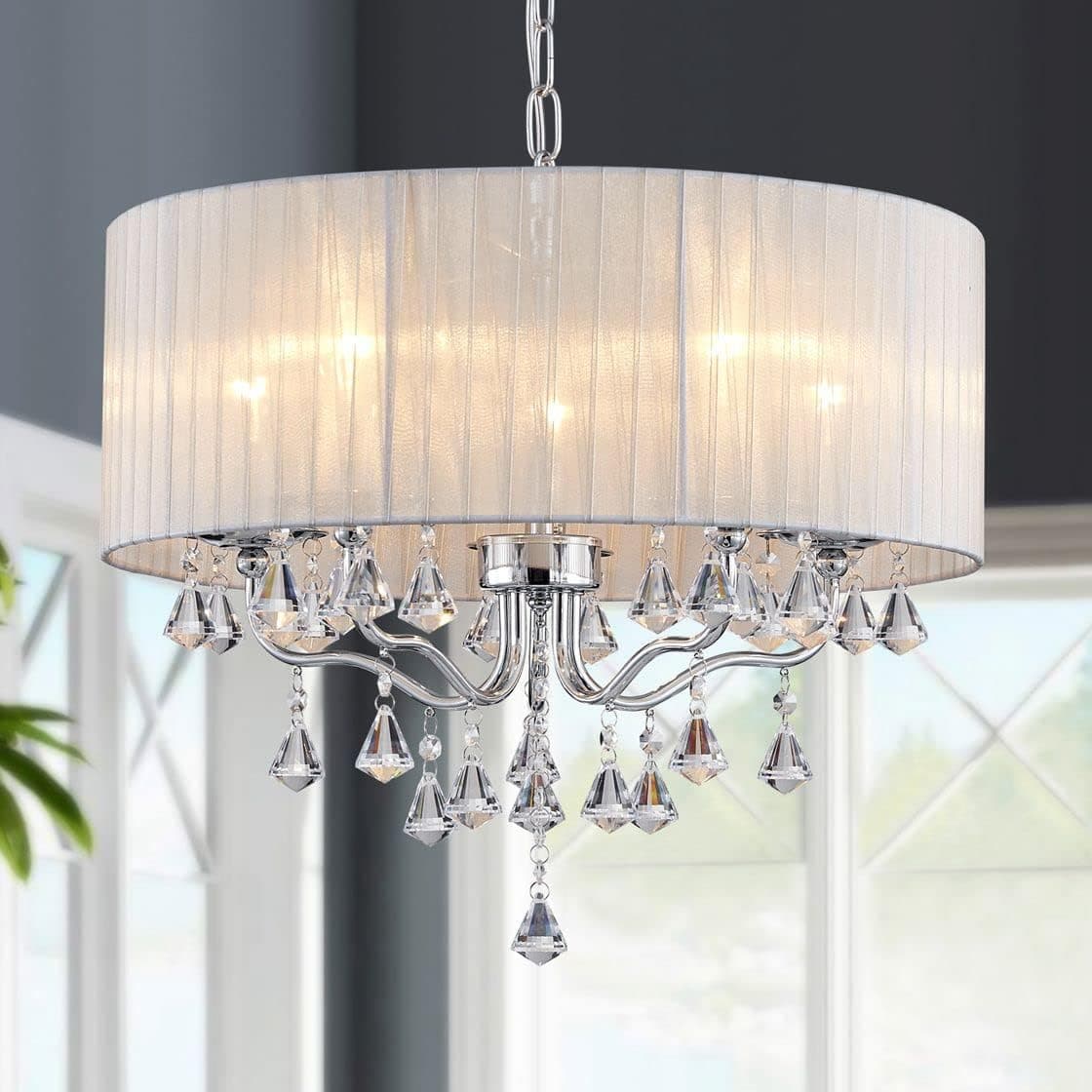 WUZUPS Chandelier 5-Light Pendant Drum Shade Ceiling Light Modern Lighting Fixture for Bedroom Hallway Bar Kitchen Dinning Living Room Bathroom, H 16.4" x W 19.7",Chrome, E12 Base