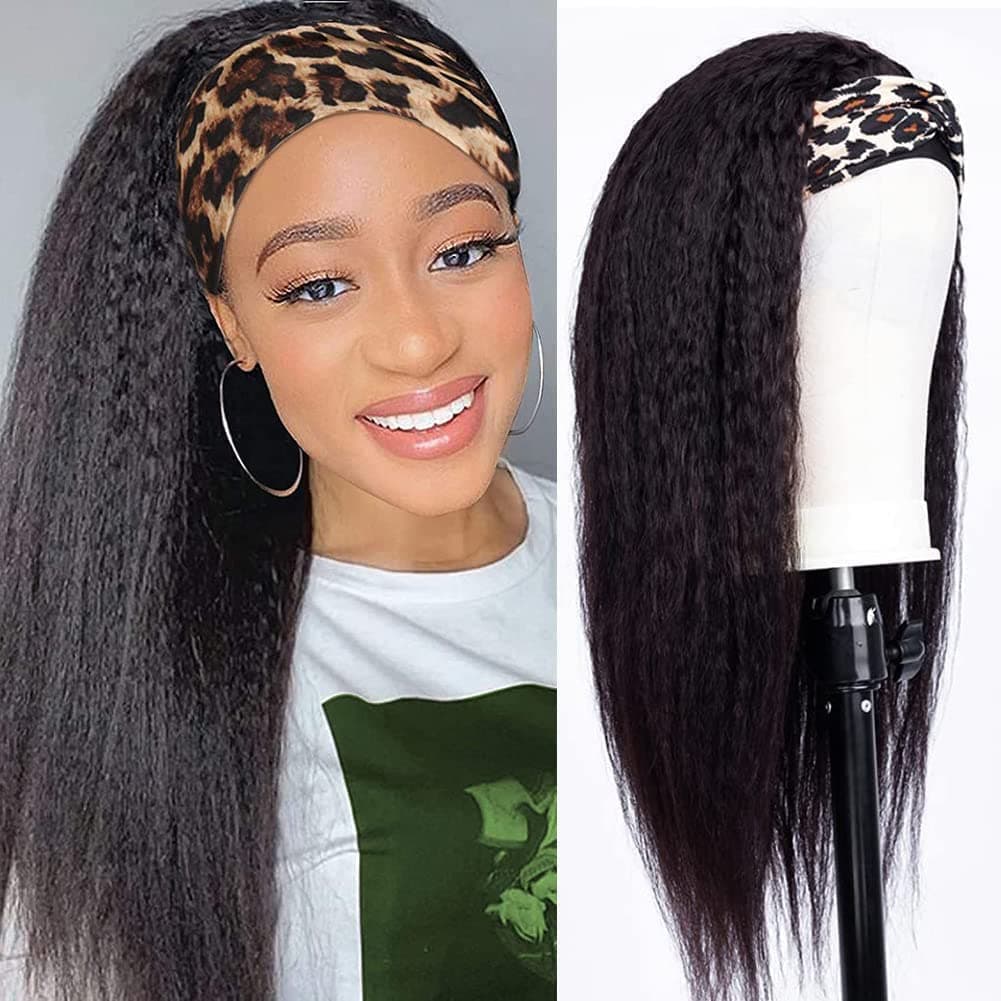 Falswan Kinky Straight Headband Wigs for Black Women 22 inch Kinky Straight Wig Black Yaki Straight Wig Natural Synthetic Daily Hair Wig None Lace Front Wigs for Cosplay Party