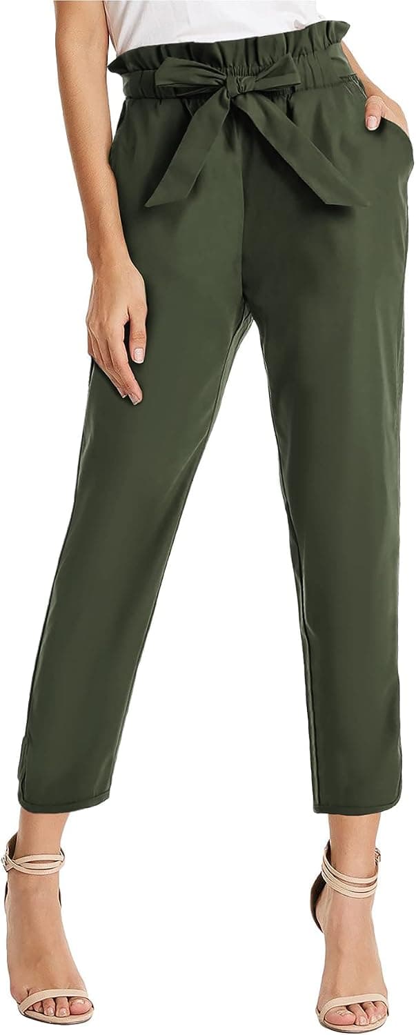 Yukyum Women's high Waist Casual Paper Bag Pants Elastic Waist Slim with Pockets for Work