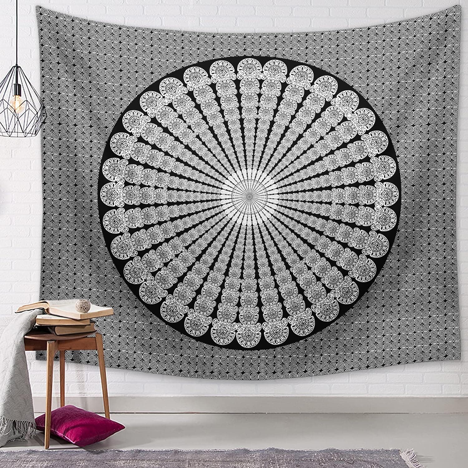 Domenow Indian Hippie Bohemian Tapestry, Psychedelic Peacock Mandala Wall Hanging Bedding Tapestry, Black & White, 59 x 59 inches