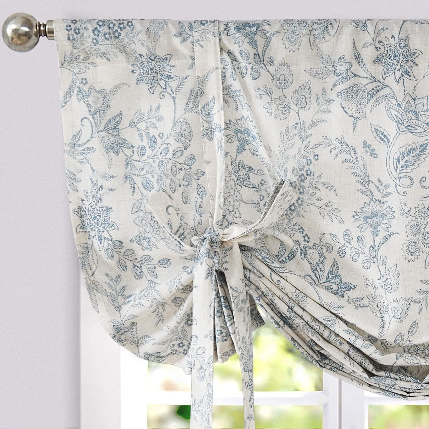 jinchan Linen Tie Up Valance Curtain 63 Inches Floral Printed Valance for Windows Adjustable Window Treatments Tie-up Shade Valance for Kitchen Living Room Farmhouse Rod Pocket 1 Panel Blue on Beige