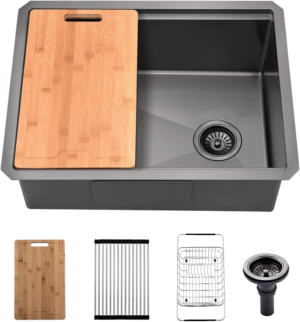 25 Inch Undermount Workstation Kitchen Sink, Gabhar Black Stainless Steel Kitchen Sink with Offset Drain