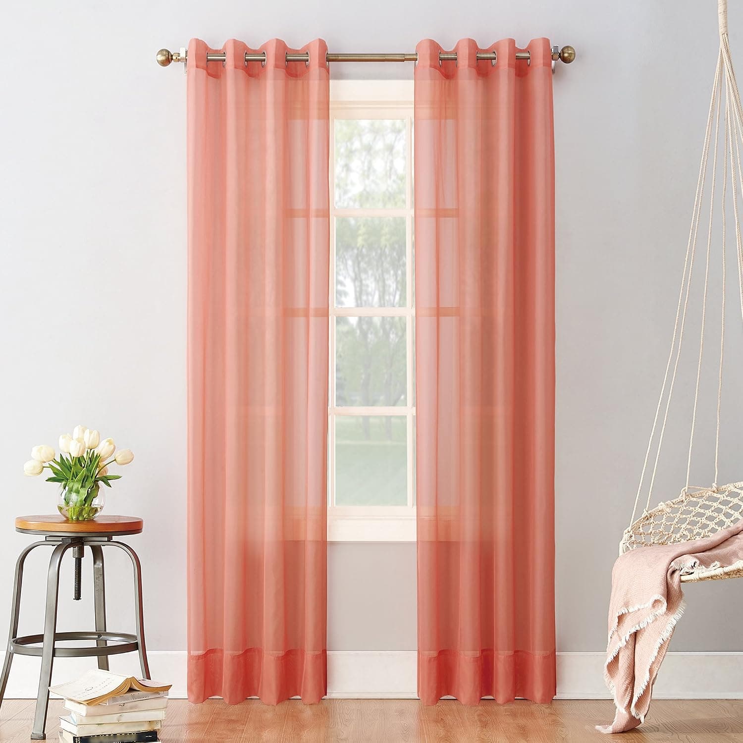 No. 918 Emily Sheer Voile Grommet Curtain Panel, 59" x 84", Coral
