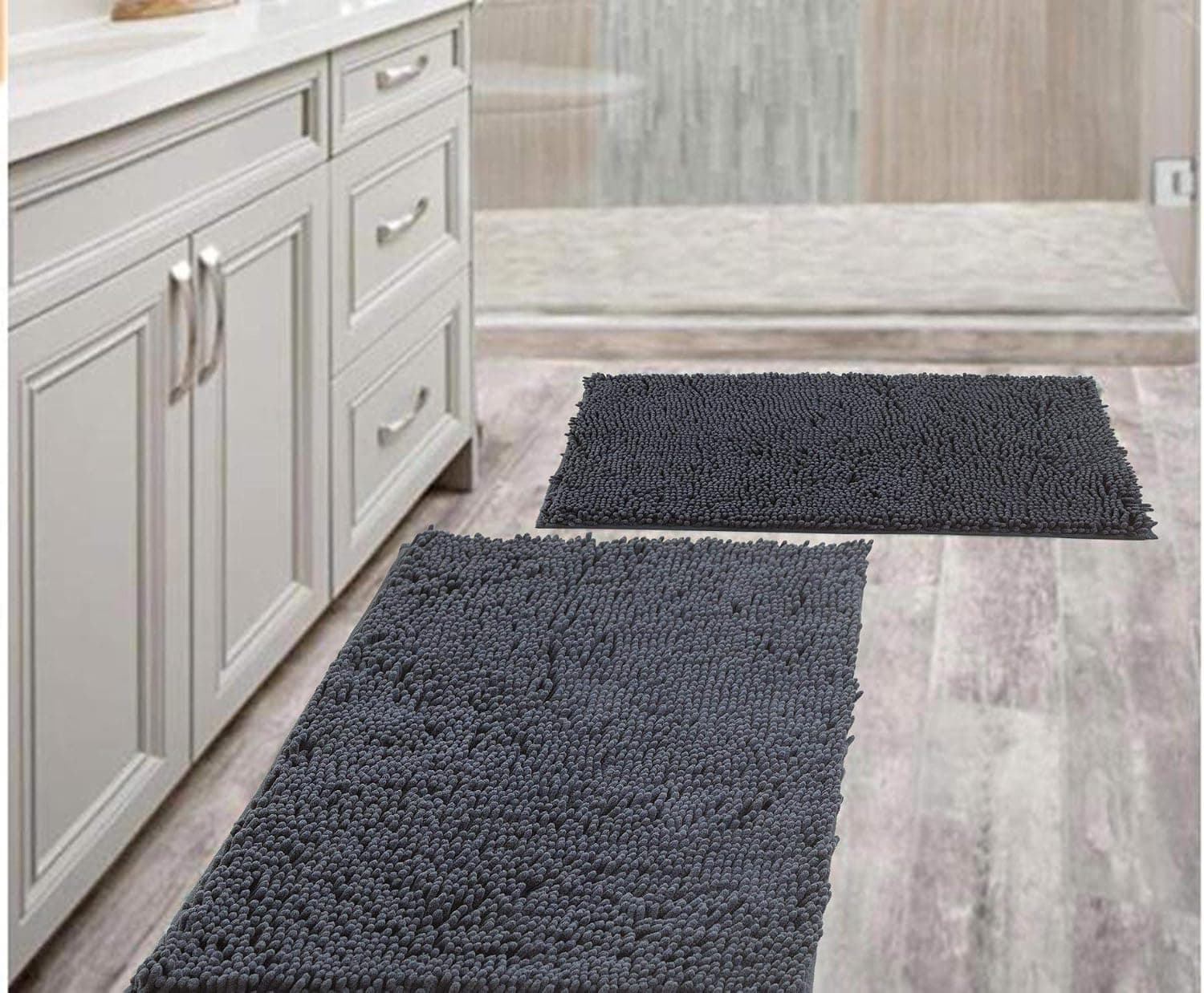 Bathroom Rugs Mat 20" x 30" Set of 2 Grey Luxury Chenille Bath Mat Super Absorbent Bath Rug Machine Washable Perfect Plush Carpet for Shower, Bath Room, Bedroom and Kitchen (20" x 30", Dark Gray)