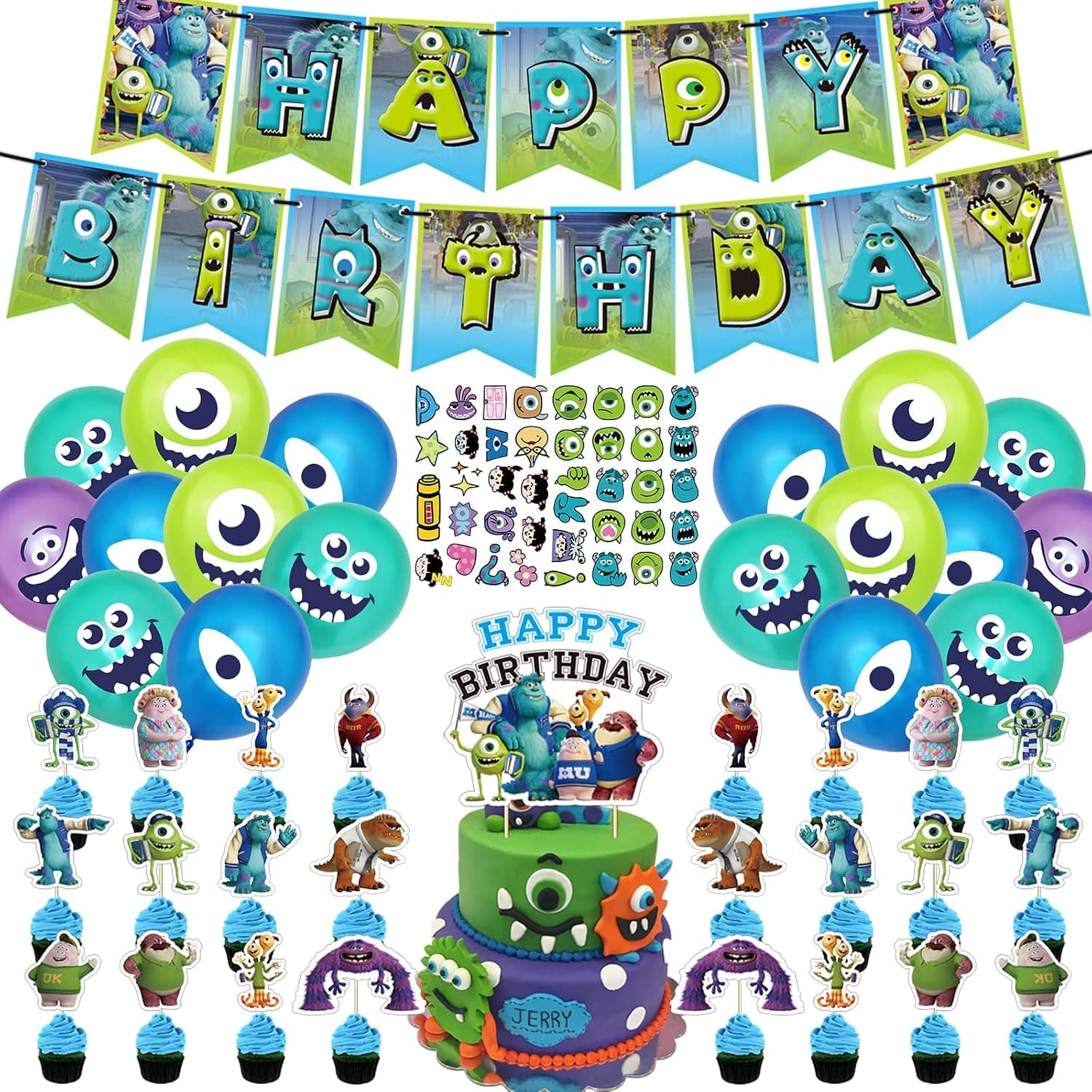 Monsters University Party Supplies, 90Pcs Monsters Birthday Party Decorations Included Birthday Banner, Cake Topper, Cupcake Toppers, Stickers, Balloons
