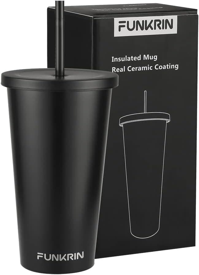 Funkrin Insulated Coffee Mug Tumbler with Lid and Straw, 18oz Ceramic Lined Coating Travel Mug, Stainless Steel Water Bottle Thermos Cup for Office School Party