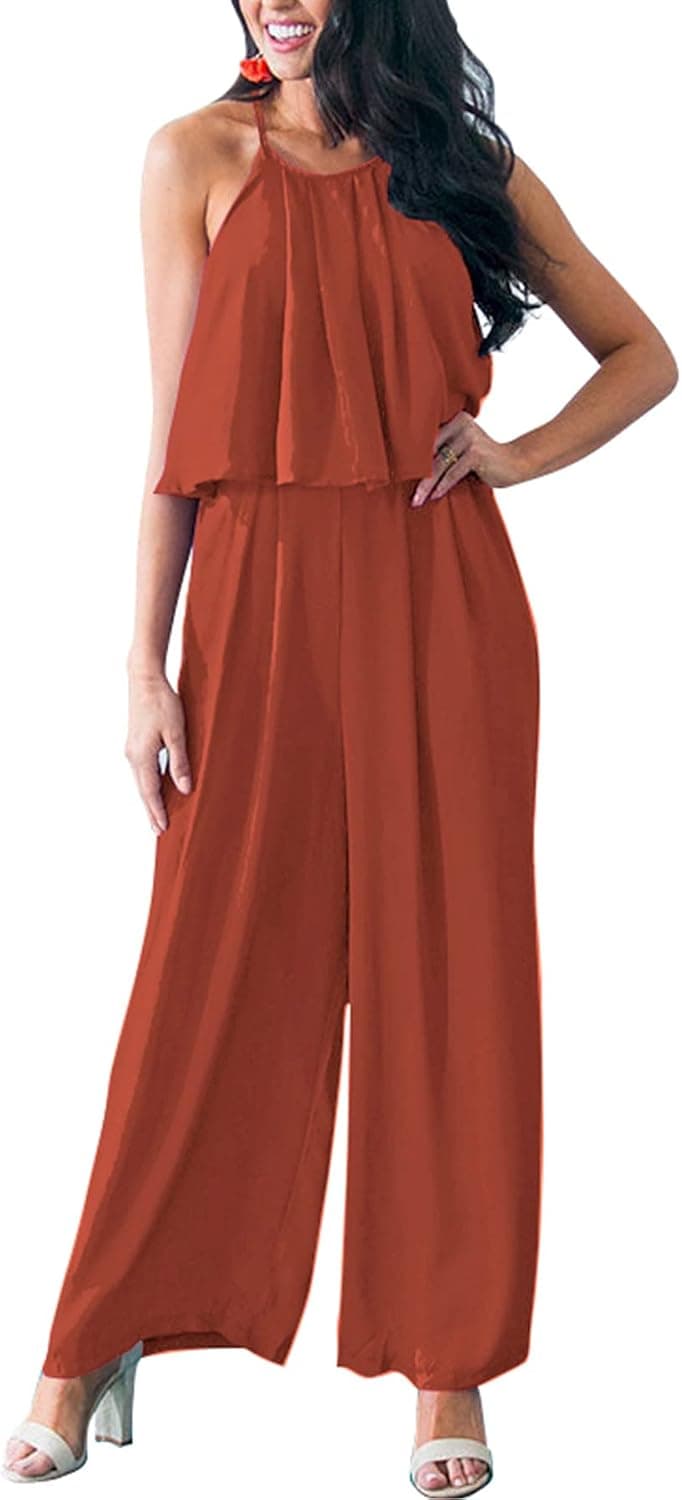 PRETTYGRADEN Women's Casual Summer Sleeveless Jumpsuit Halter Neck Wide Leg Pants Rompers One Piece Outfits