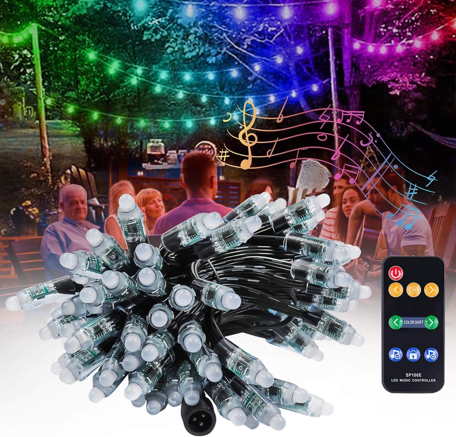 Alling Outdoor String Lights 100LED with Music Sync，Dream Color Christmas Lights，Waterproof Color Changing LED String Lights for Patio Garden Wedding Party
