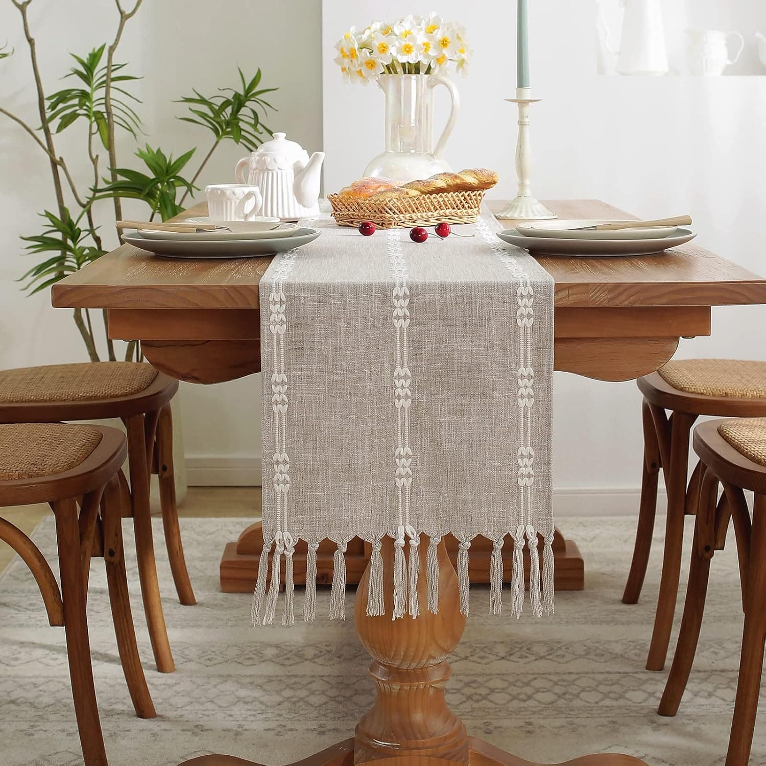 Table Runner,TEWENE Table Runners 108 inches Long Wrinkle Free Fall Table Runner Linen Table Runner Boho Table Runner for Dresser, Coffee Table,Dining Room (Braided Light Brown/13''x108'')