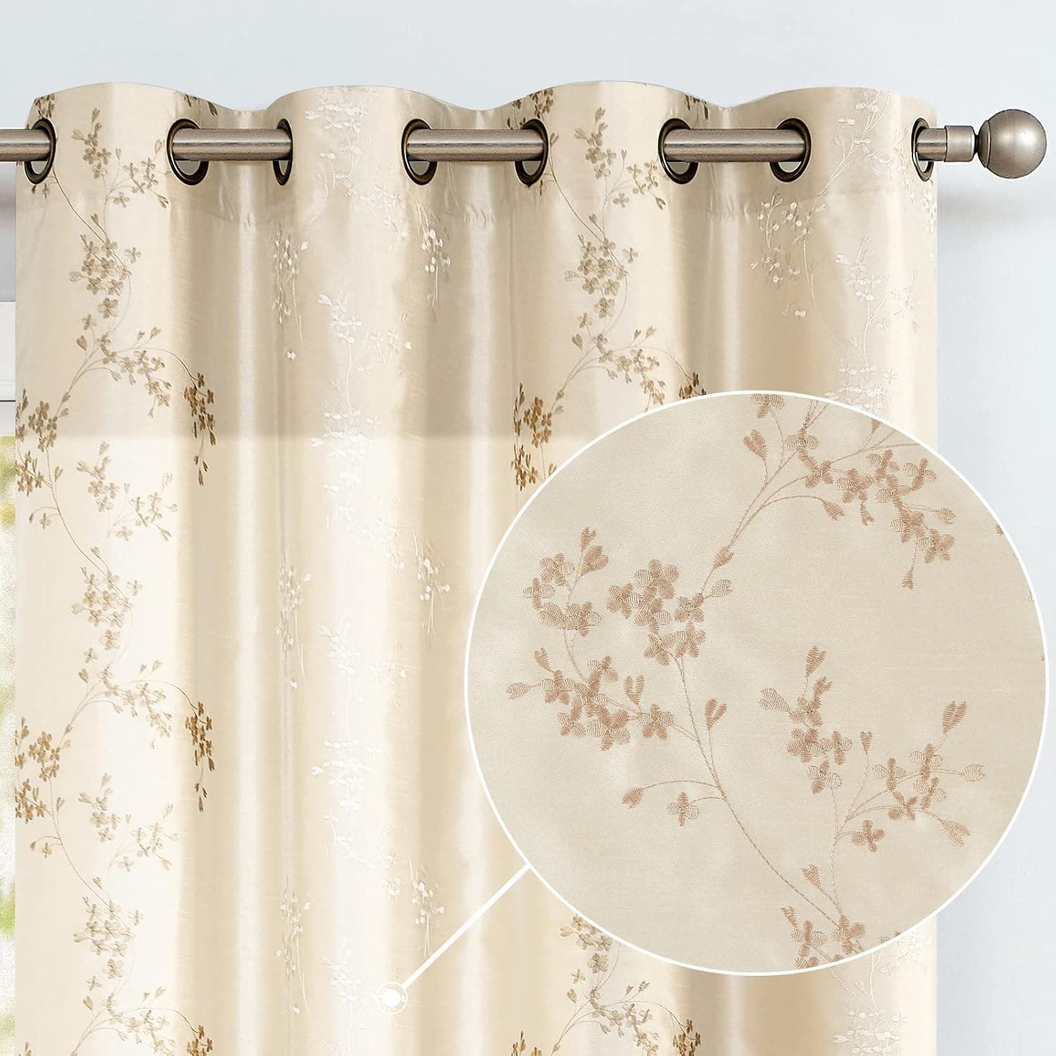 jinchan Lined Luxury Faux Silk Floral Embroidered Grommet Top Curtains for Bedroom 63 inches Long Embroidery Curtain for Living Room, 2 Panels, Light Golden