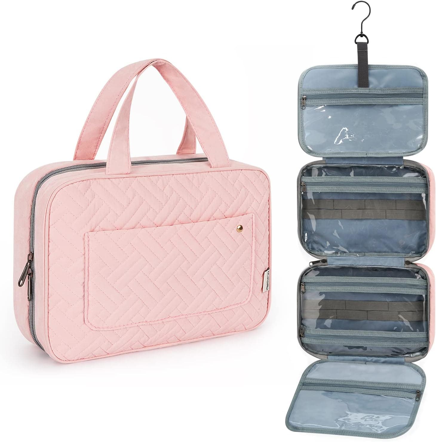 MuForu Hanging Travel Toiletry Bag Transparent Waterproof Cosmetic Makeup Bag with Elastic Straps Large Capacity Portable Toiletry Bag for Women with 4 Compartments for Travel, Daily Use, Pink